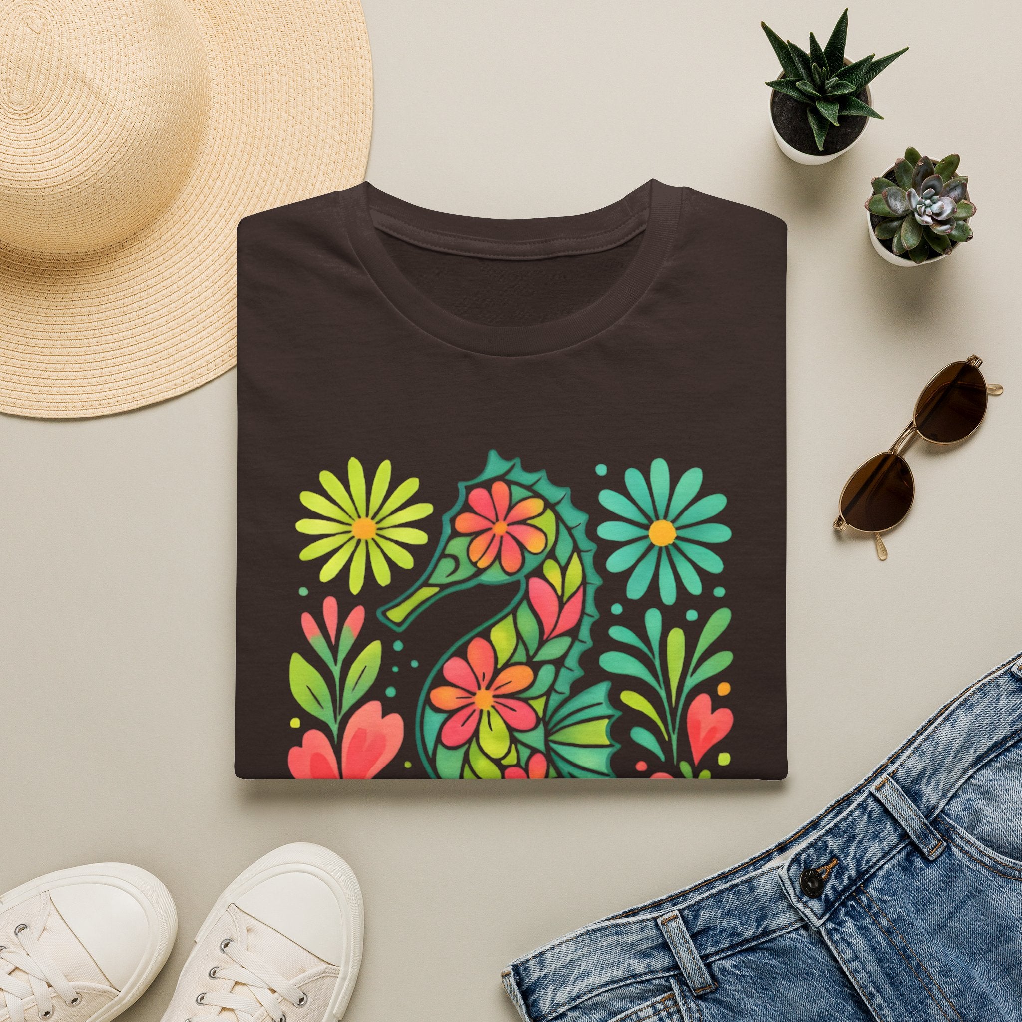 Floral Seahorse T-Shirt — Colorful Tropical Sea Life Tee
