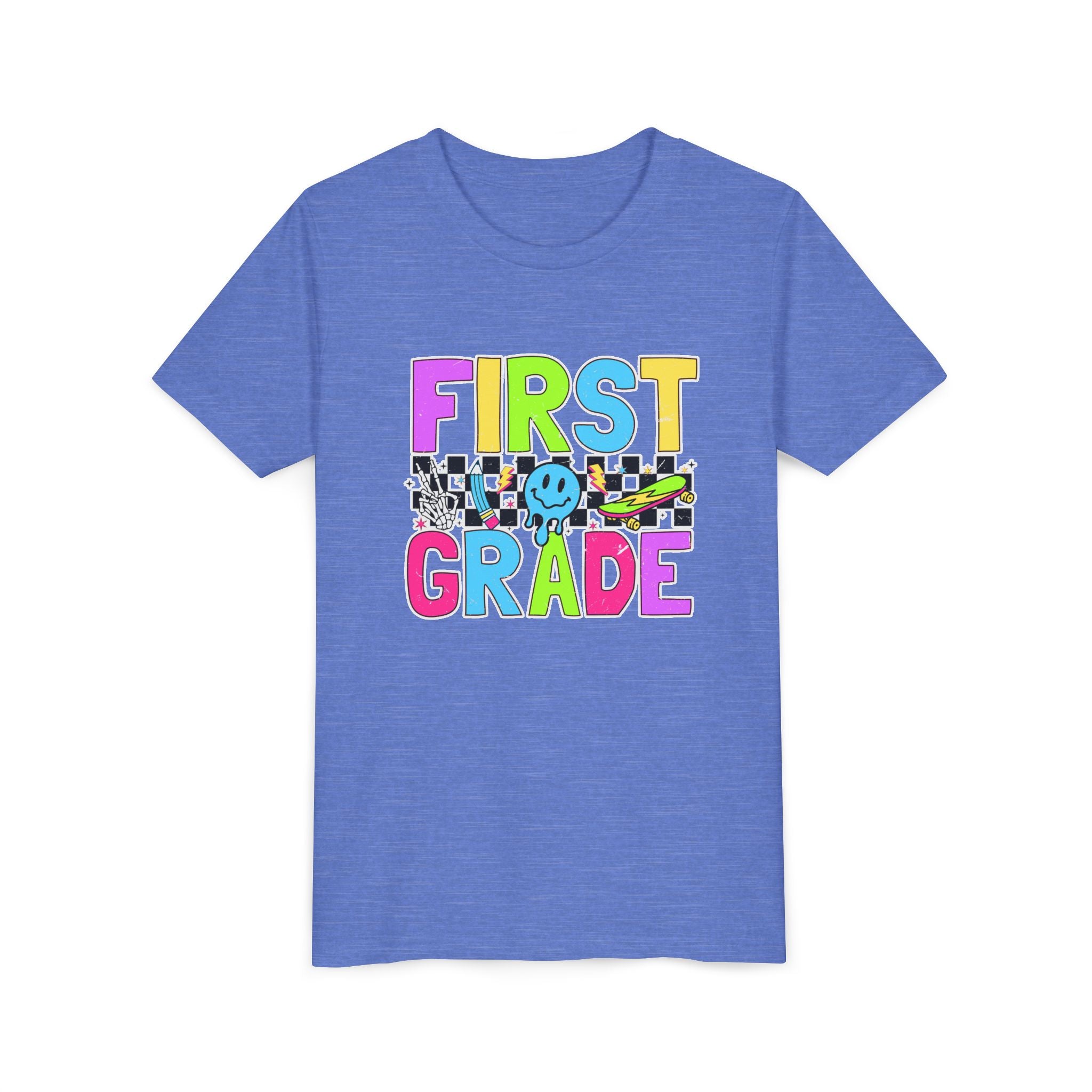First Grade Youth T‑Shirt — Colorful Checkerboard Smile Back‑to‑School Tee