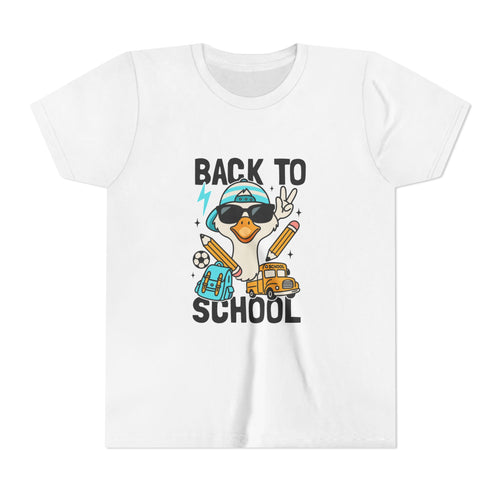 Back to School Duck Youth Tee — Cute Kids School Shirt with Backpack, Bus & Pencil Design