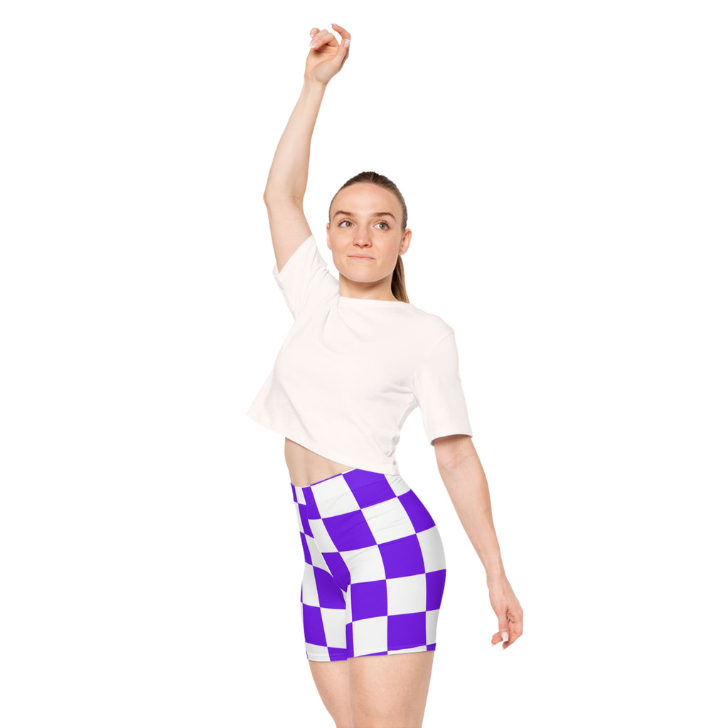 Purple Checkered Biker Shorts — Women's Retro Racing Style
