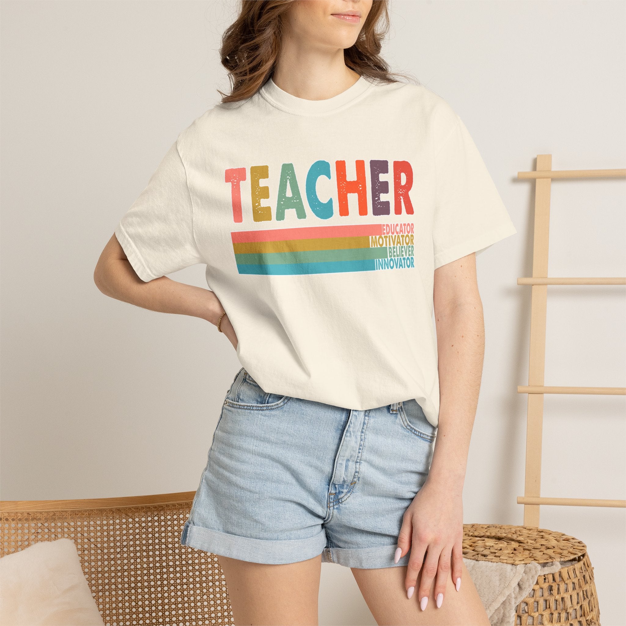 Teacher Rainbow Stripes T-Shirt — Retro Colorful Educator Tee