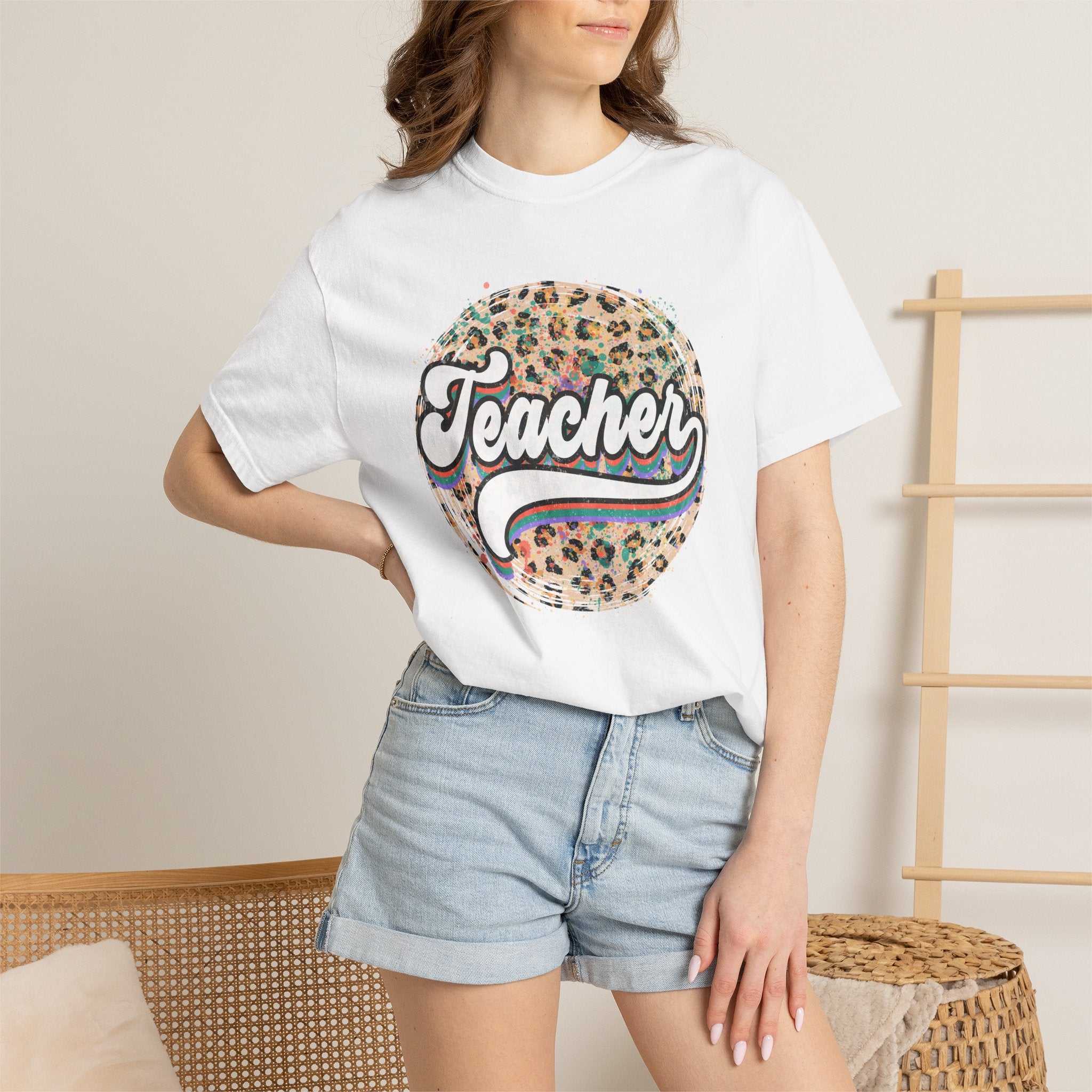 Teacher Leopard Circle T-Shirt — Retro Rainbow Script Tee for Educators