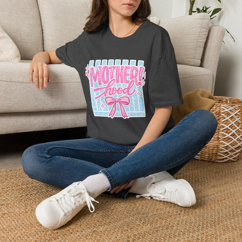 Motherhood Retro Tee — "Mother!hood" Pink & Blue Graphic T-Shirt for New Moms