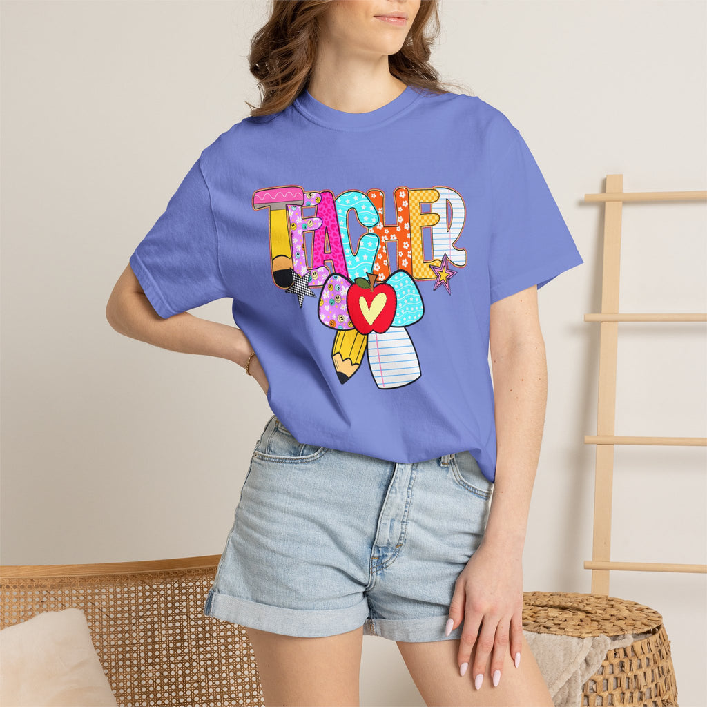 Teacher Doodle Graphic T‑Shirt — Colorful Pencil & Apple School Design