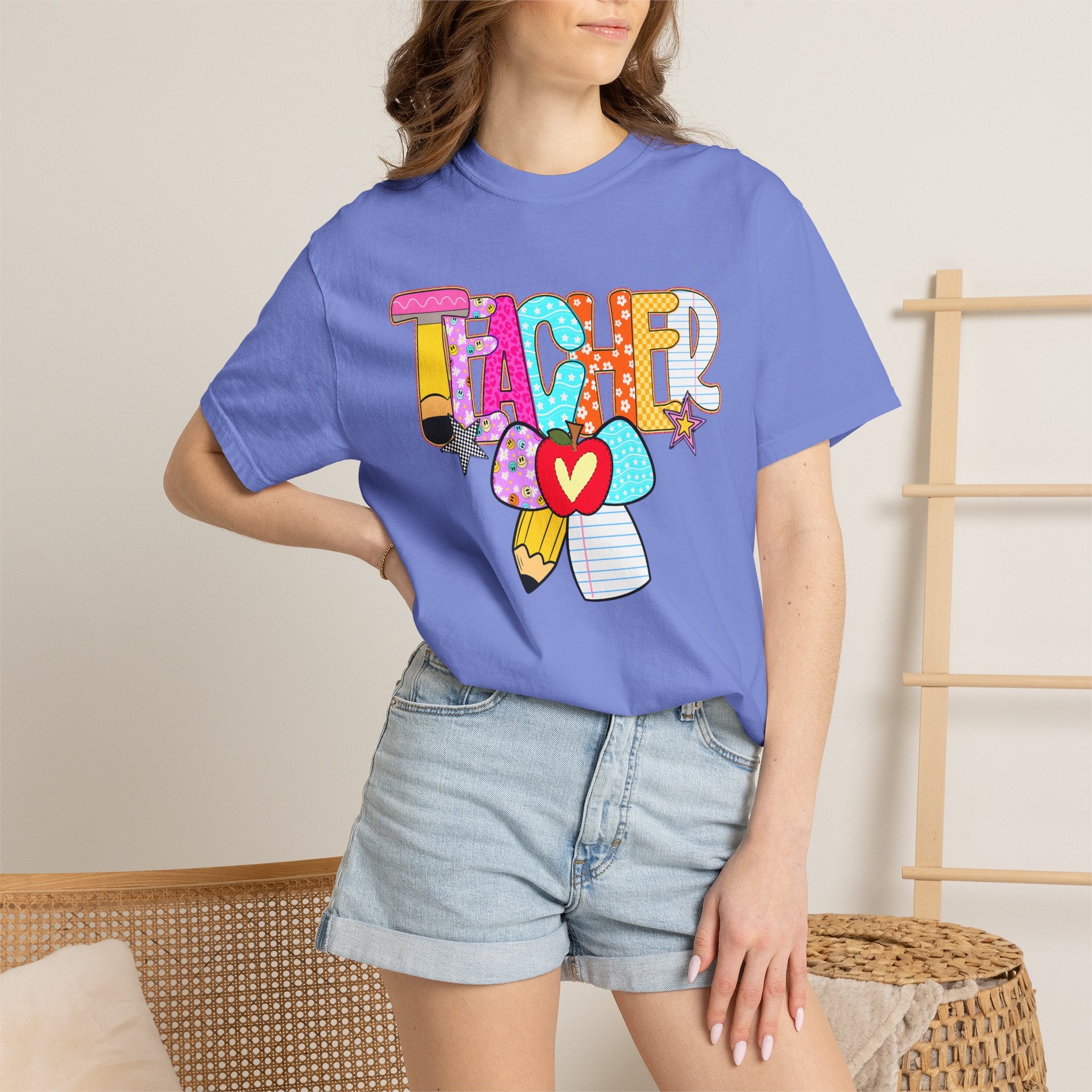 Teacher Doodle Graphic T‑Shirt — Colorful Pencil & Apple School Design