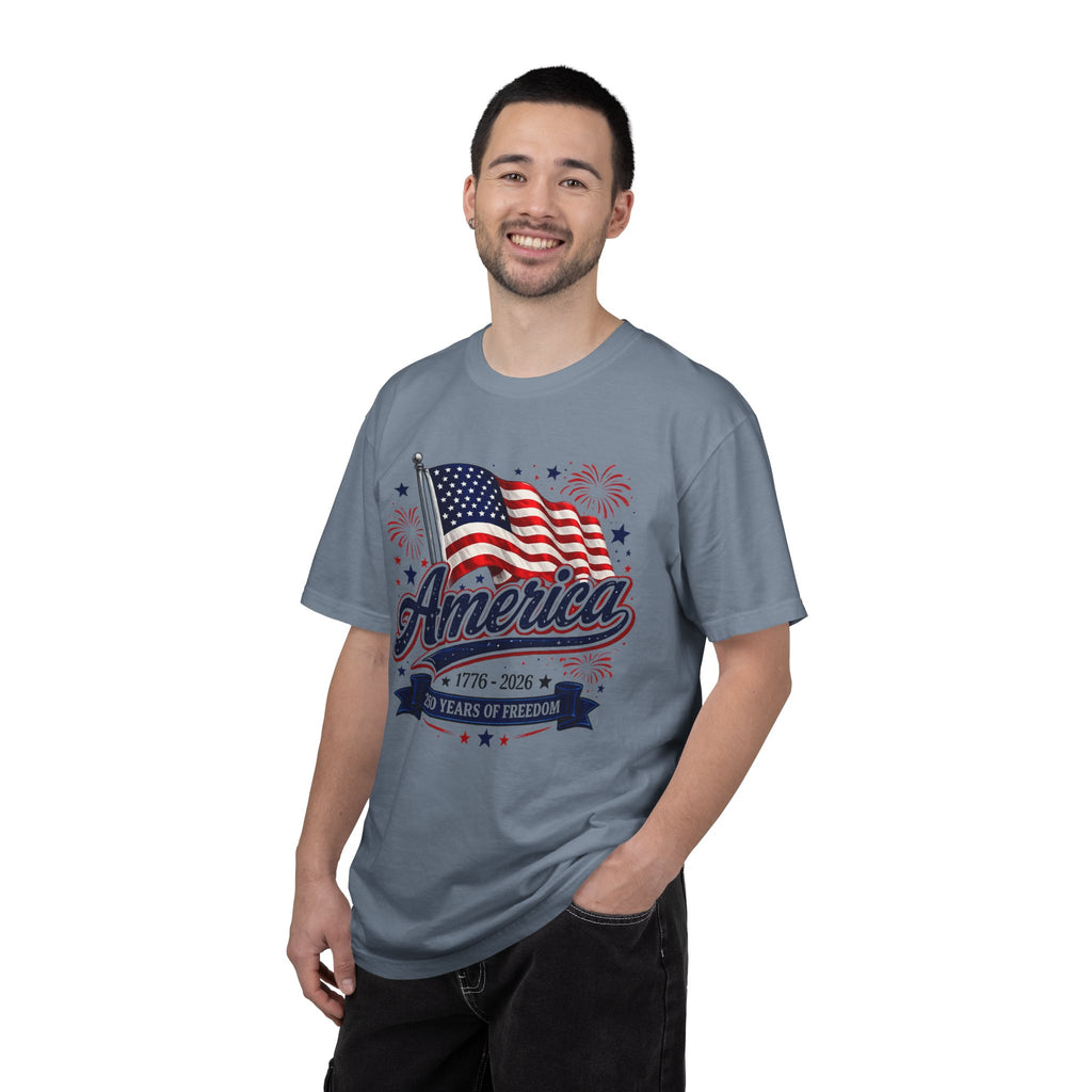 America 250th Anniversary T-Shirt — "America" Flag & Fireworks 1776–2026