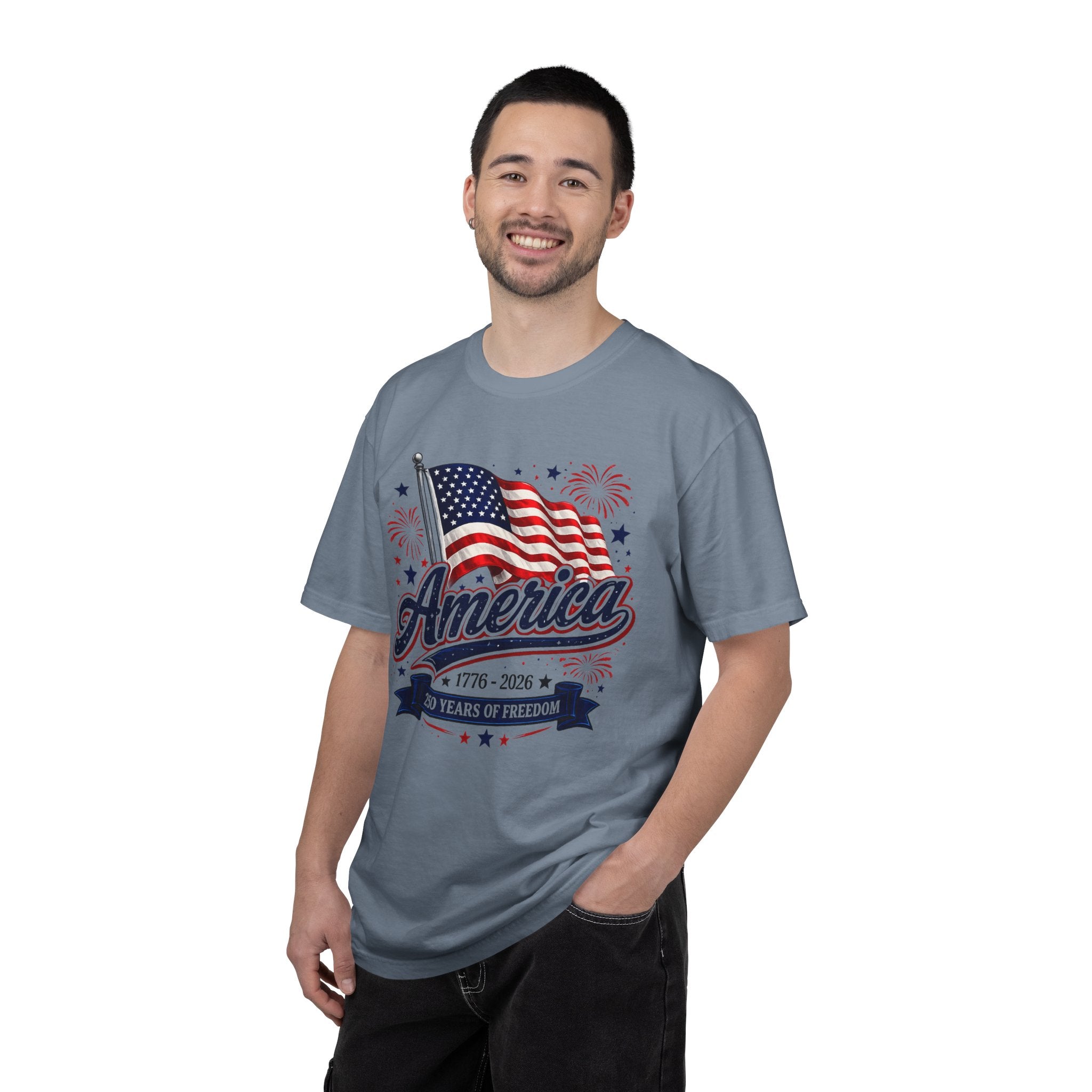 America 250th Anniversary T-Shirt — "America" Flag & Fireworks 1776–2026