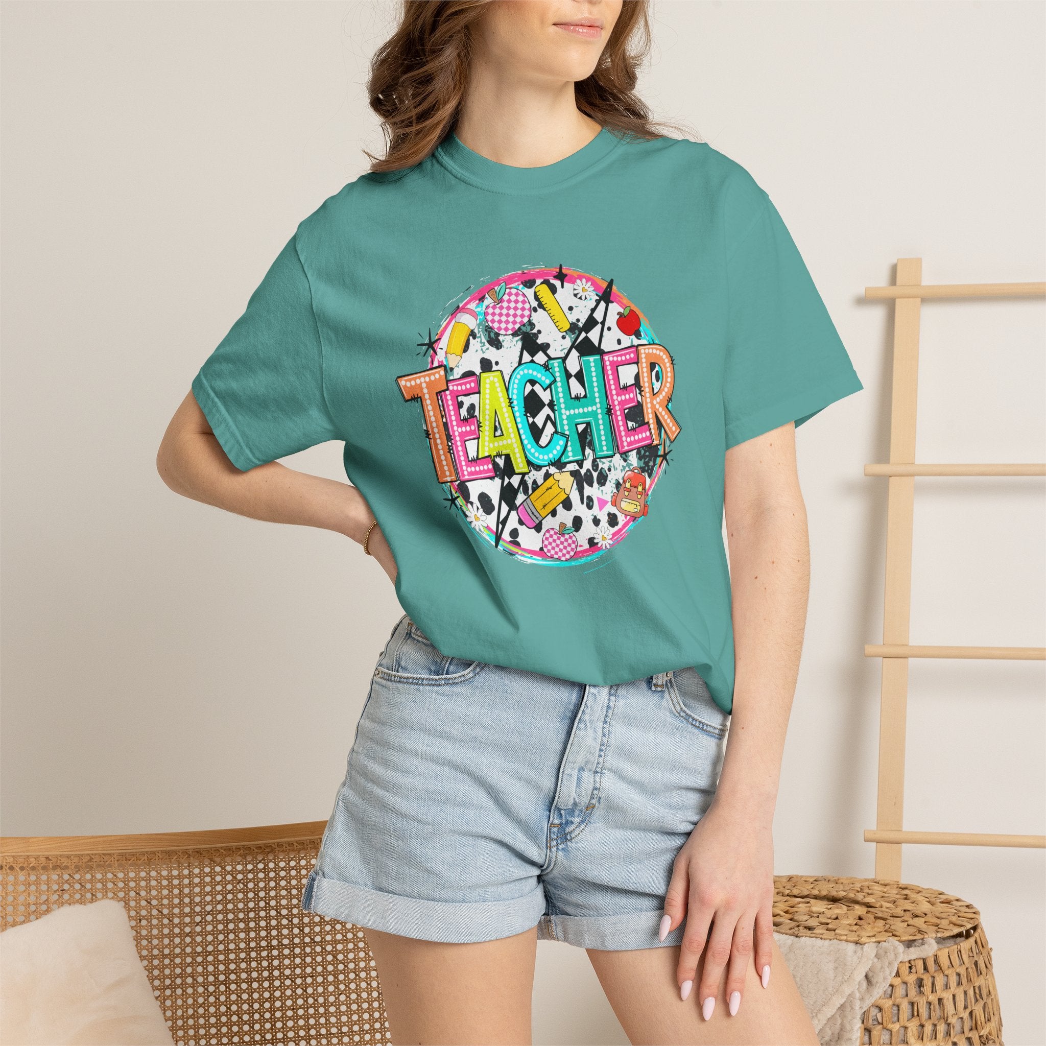 Teacher Graphic T-Shirt — Colorful School Supplies Design