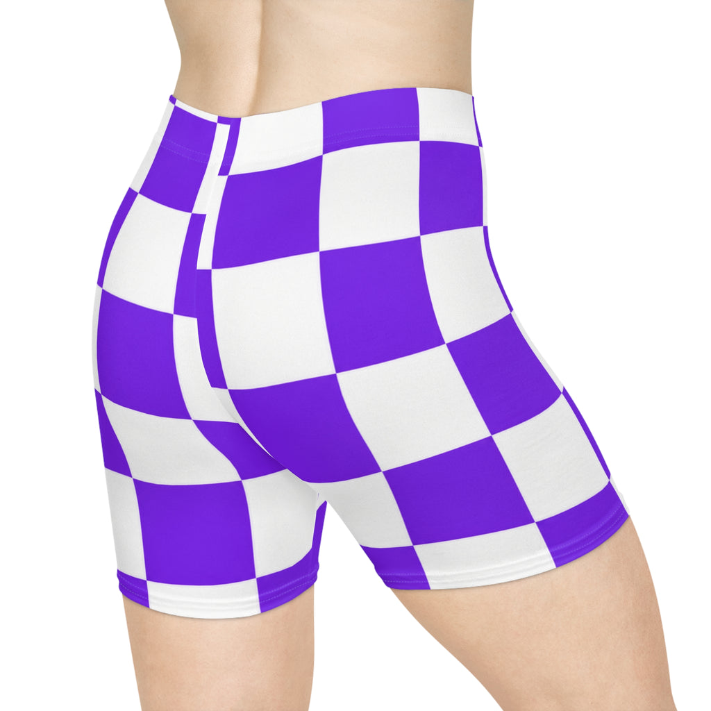 Purple Checkered Biker Shorts — Women's Retro Racing Style