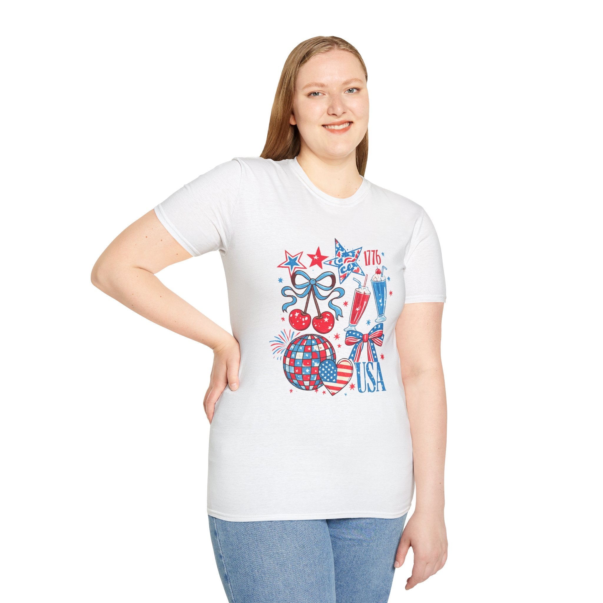 Patriotic 4th of July T-Shirt — USA 1776 Red White Blue Cherry & Soda Design