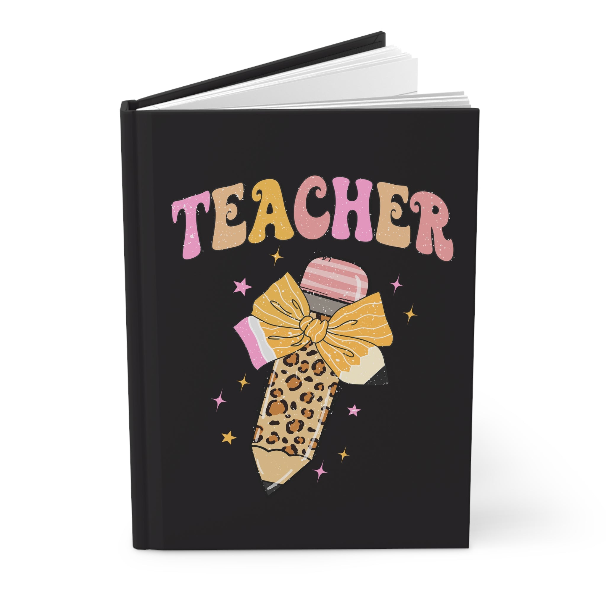 Teacher Leopard Pencil Hardcover Journal — Cute Bow Teacher Gift Notebook