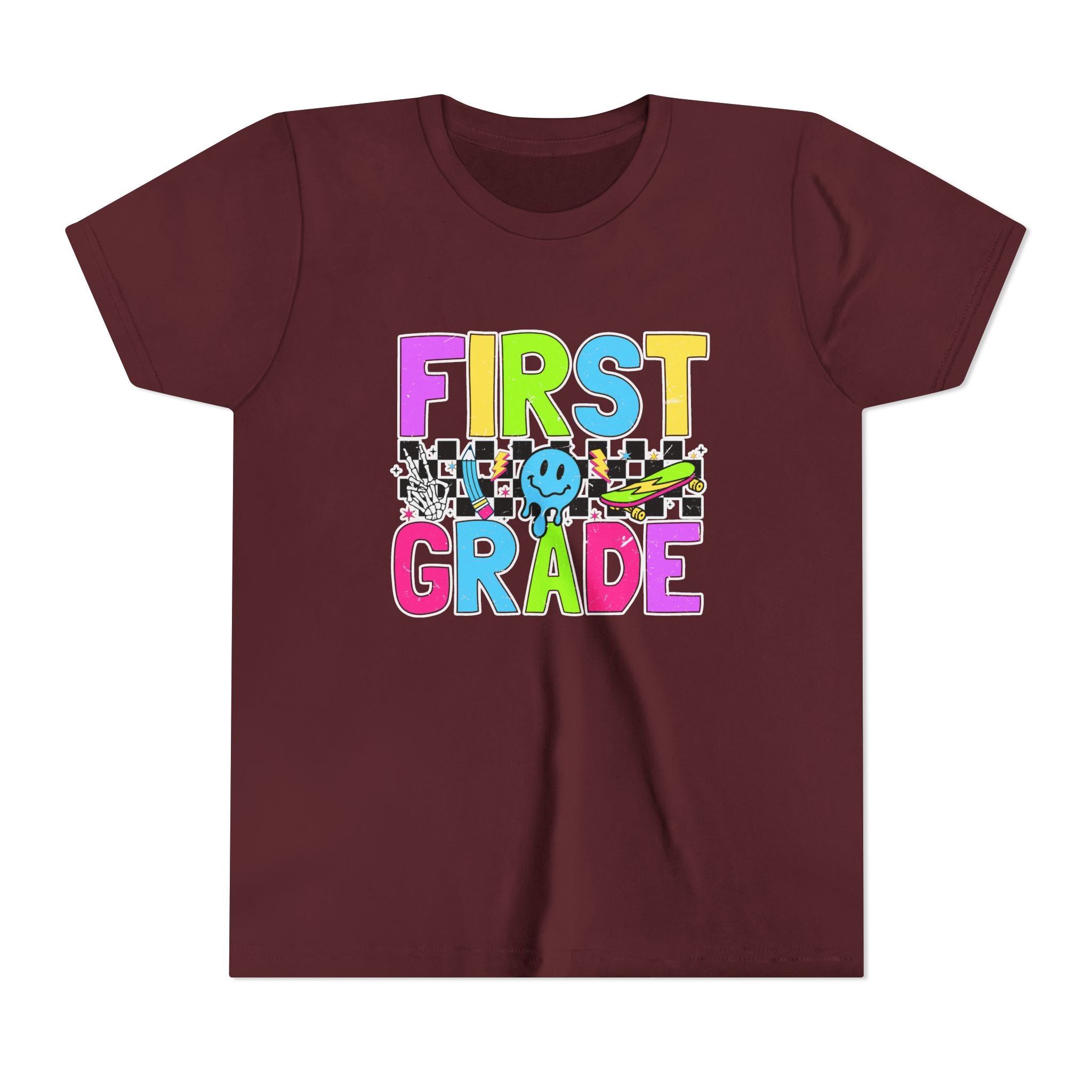 First Grade Youth T‑Shirt — Colorful Checkerboard Smile Back‑to‑School Tee