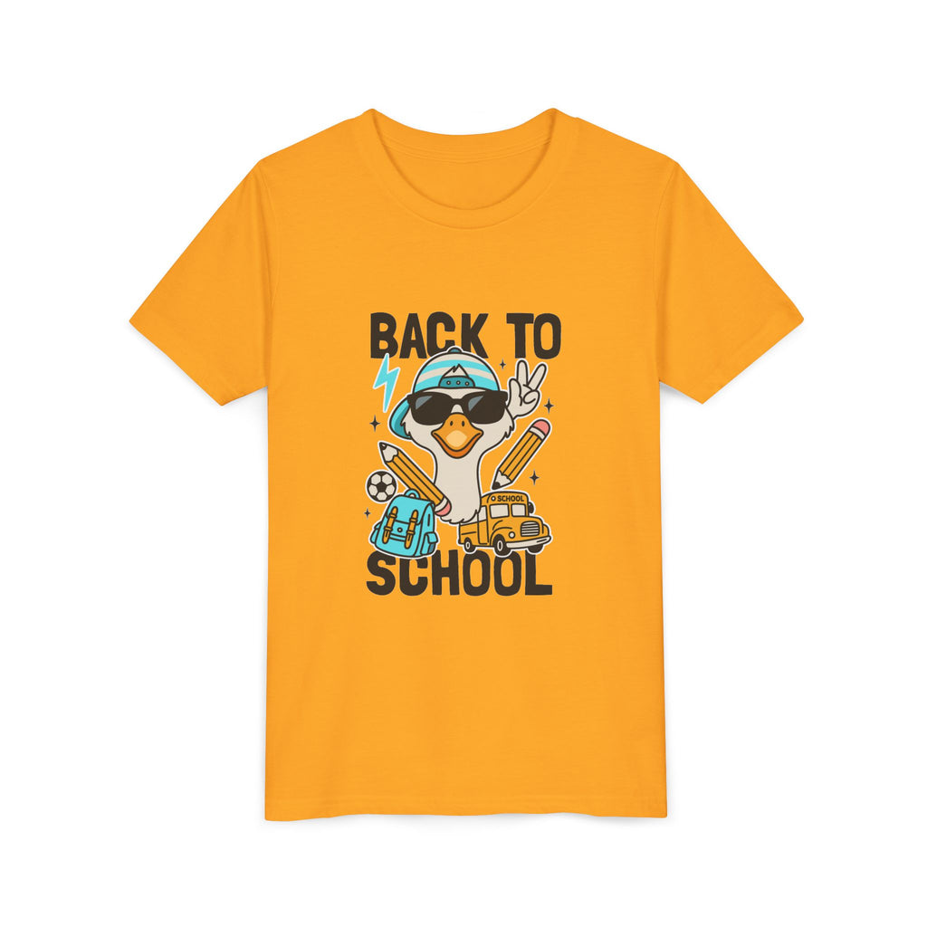 Back to School Duck Youth Tee — Cute Kids School Shirt with Backpack, Bus & Pencil Design