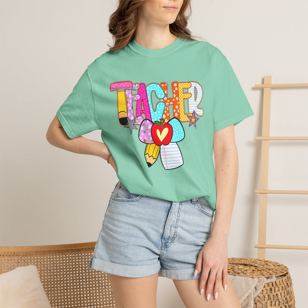 Teacher Doodle Graphic T‑Shirt — Colorful Pencil & Apple School Design