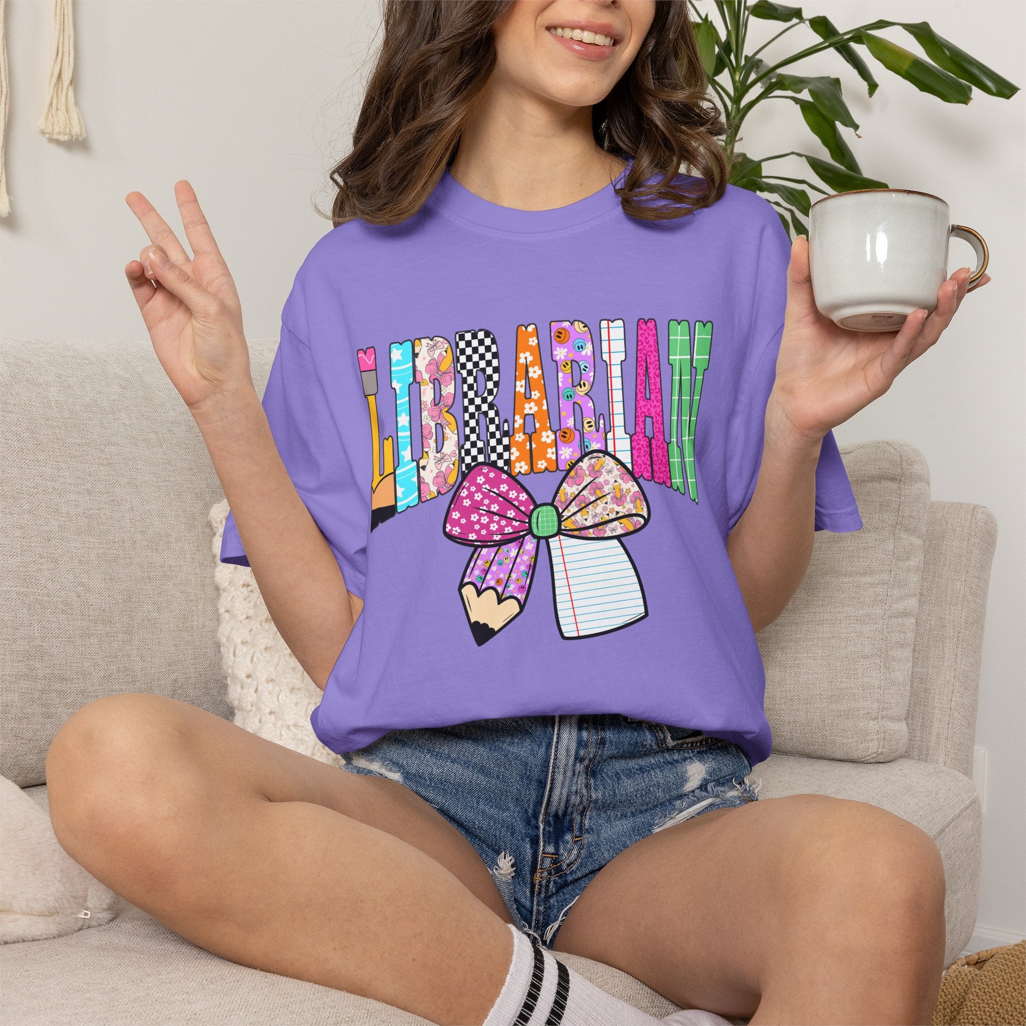 Librarian Graphic T‑Shirt — Colorful Bookish Bow Design