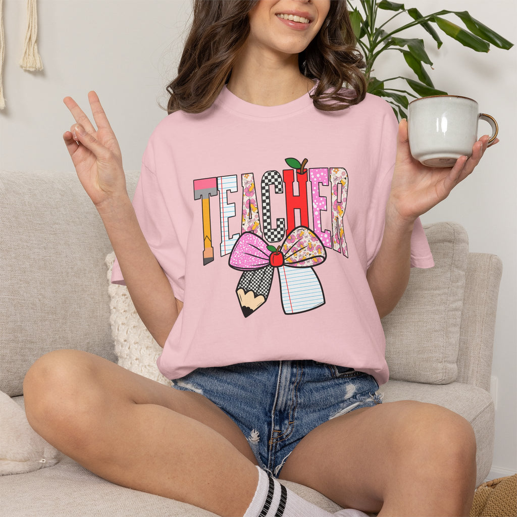 Teacher Graphic T-Shirt — Colorful Pencil & Bow Design