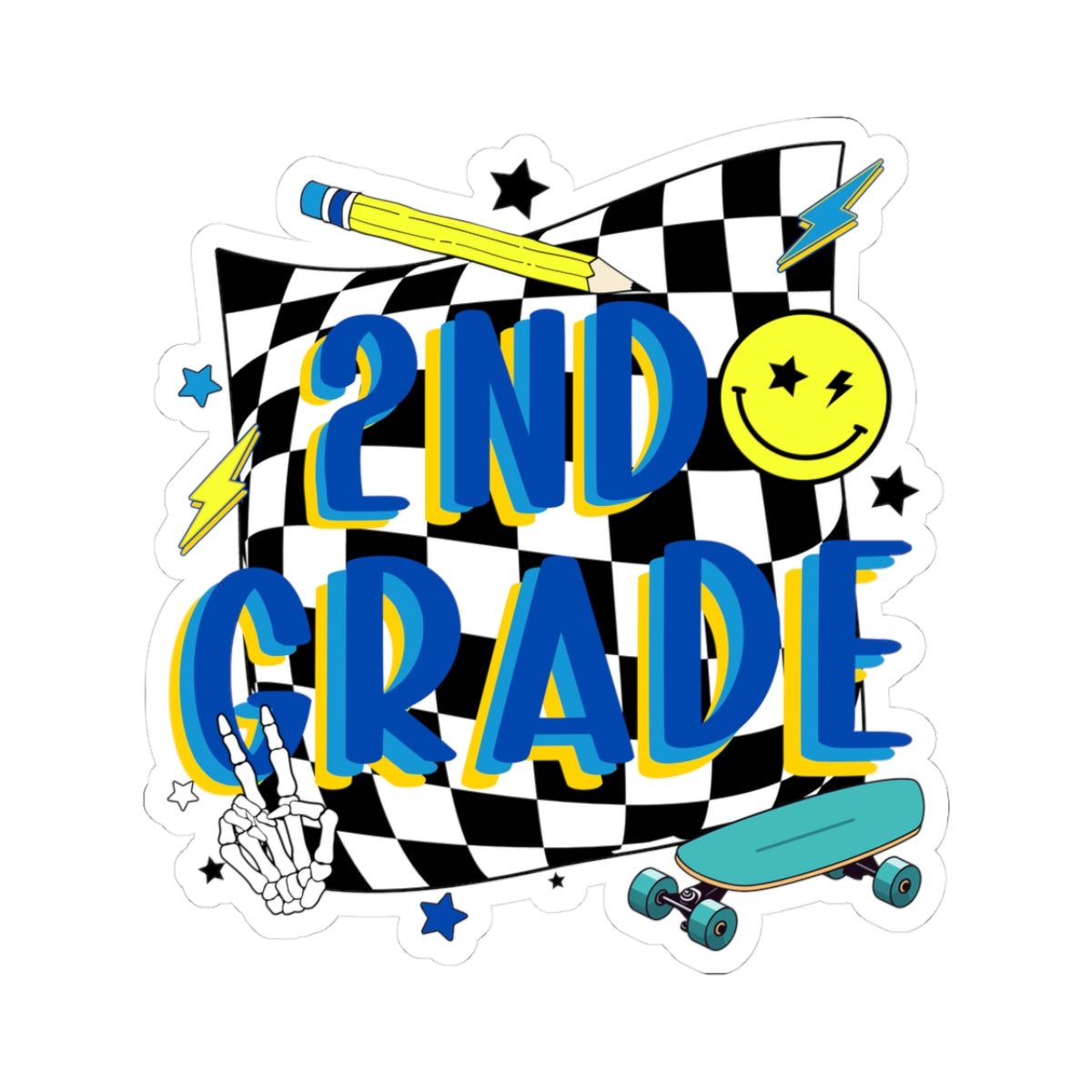 2nd Grade Skateboard Sticker — Retro Checkered School Decal