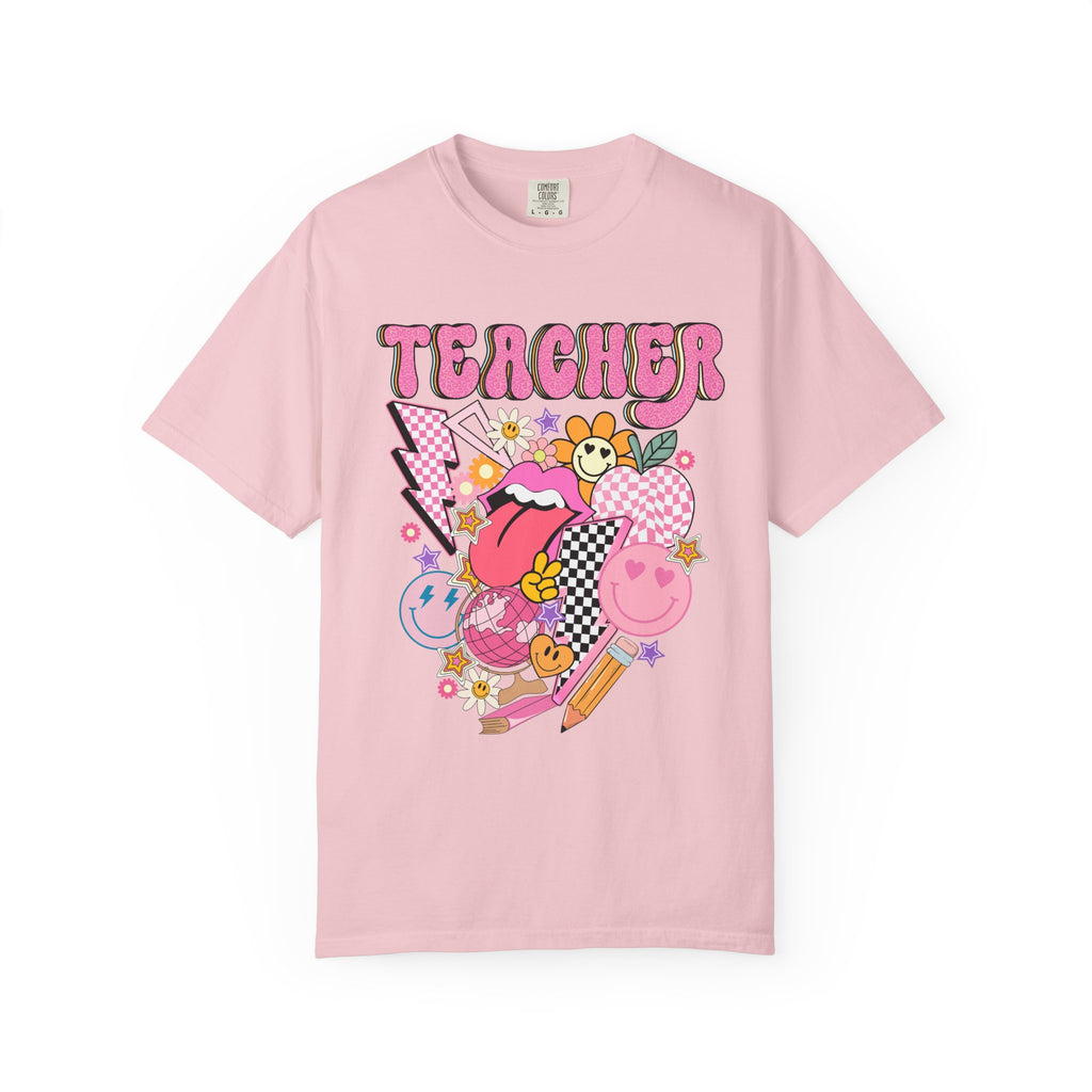 Teacher Retro Pop Graphic T‑Shirt — Cute Pink School Staff Shirt
