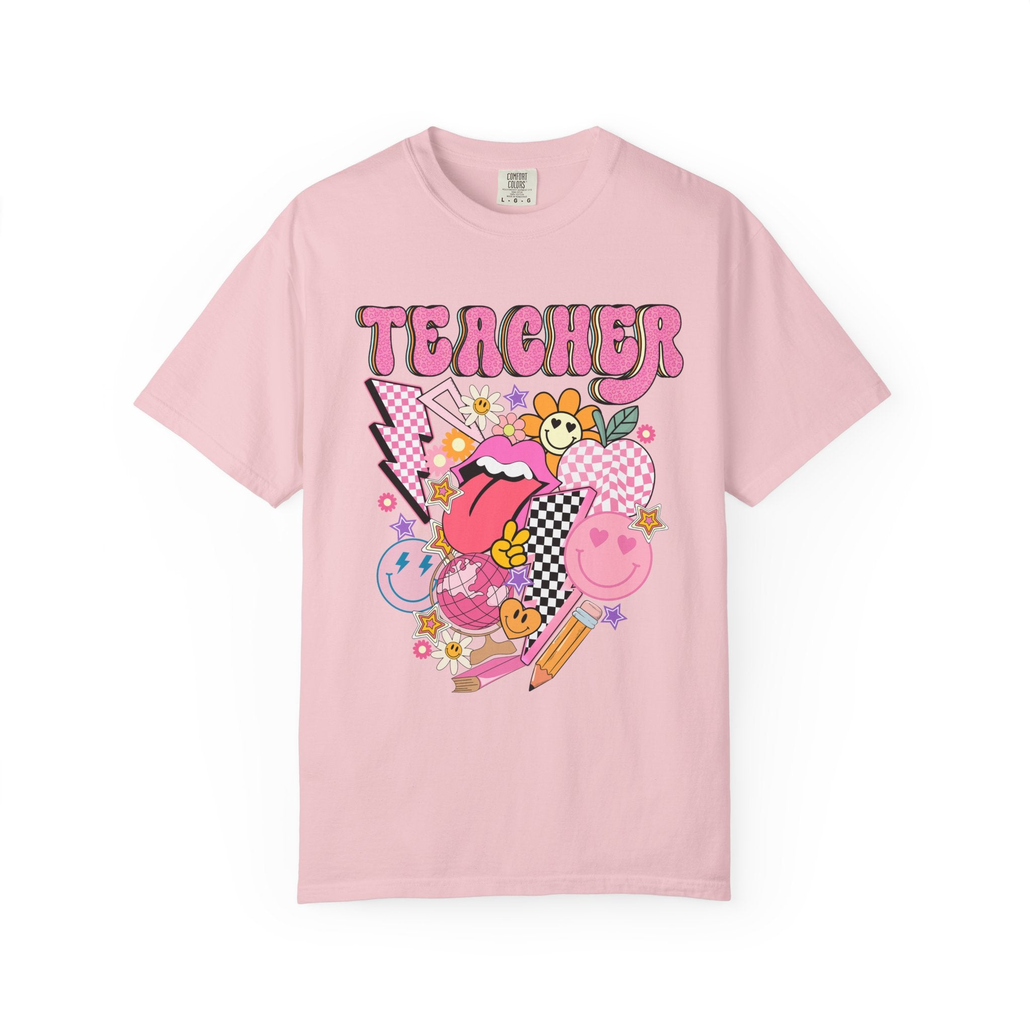 Teacher Retro Pop Graphic T‑Shirt — Cute Pink School Staff Shirt
