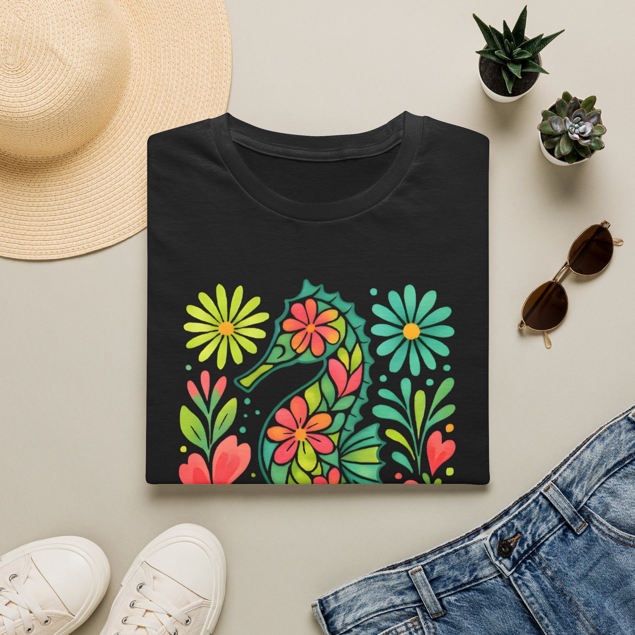 Floral Seahorse T-Shirt — Colorful Tropical Sea Life Tee