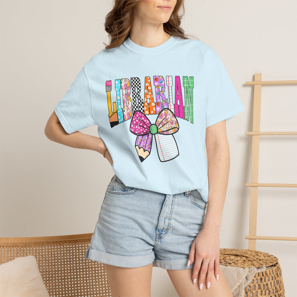 Librarian Graphic T‑Shirt — Colorful Bookish Bow Design
