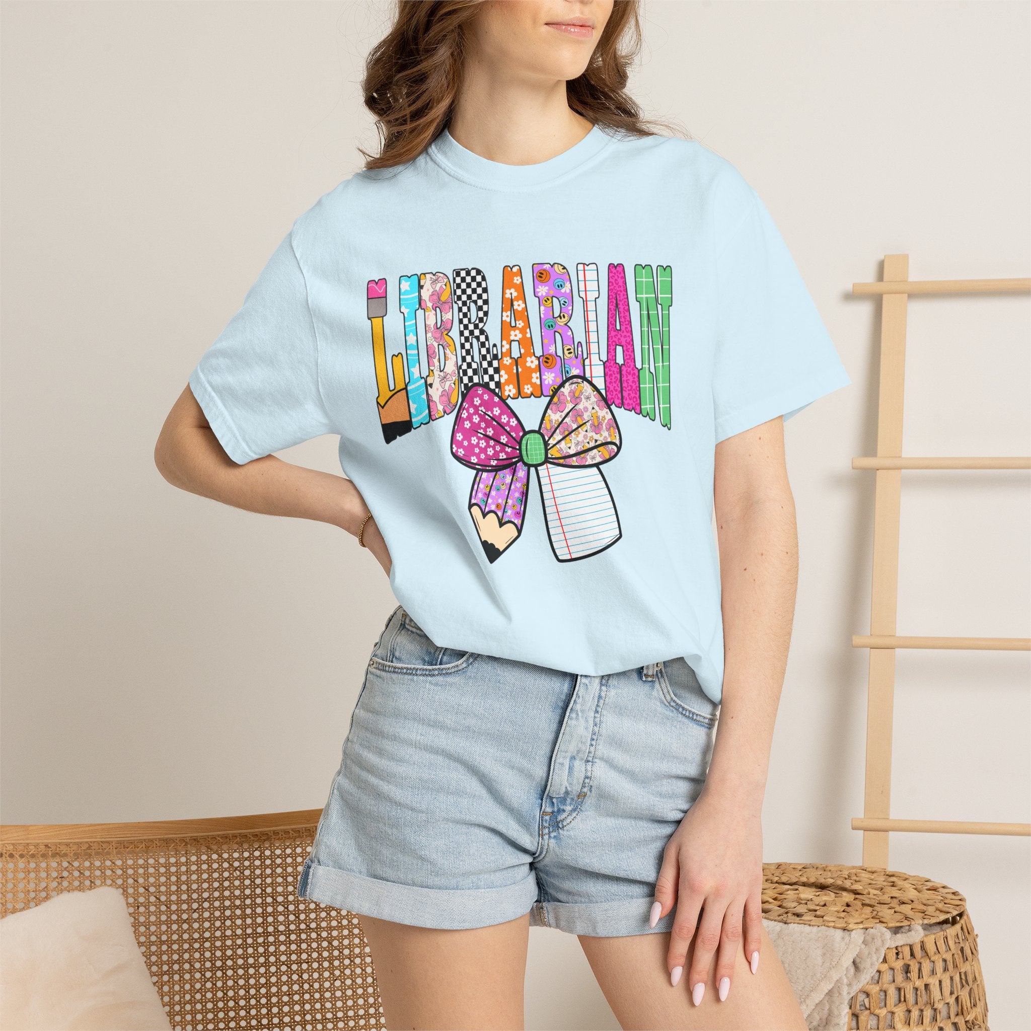 Librarian Graphic T‑Shirt — Colorful Bookish Bow Design