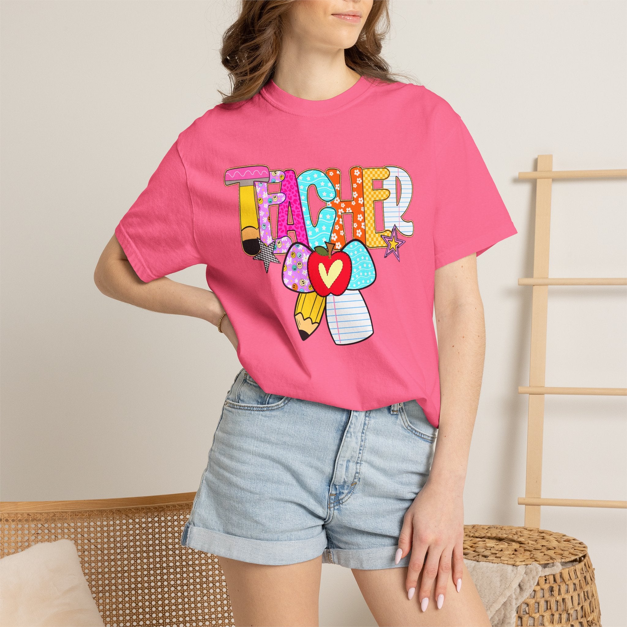 Teacher Doodle Graphic T‑Shirt — Colorful Pencil & Apple School Design