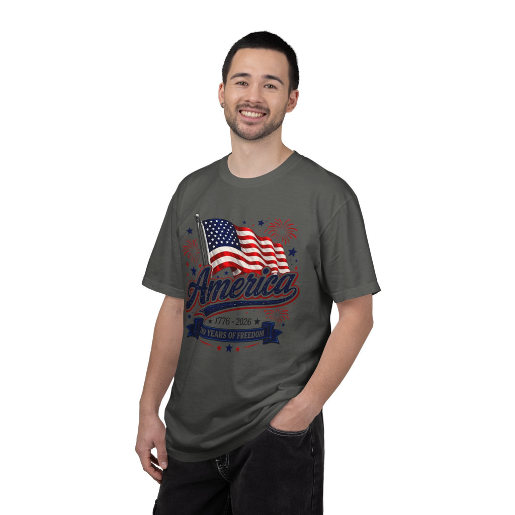 America 250th Anniversary T-Shirt — "America" Flag & Fireworks 1776–2026