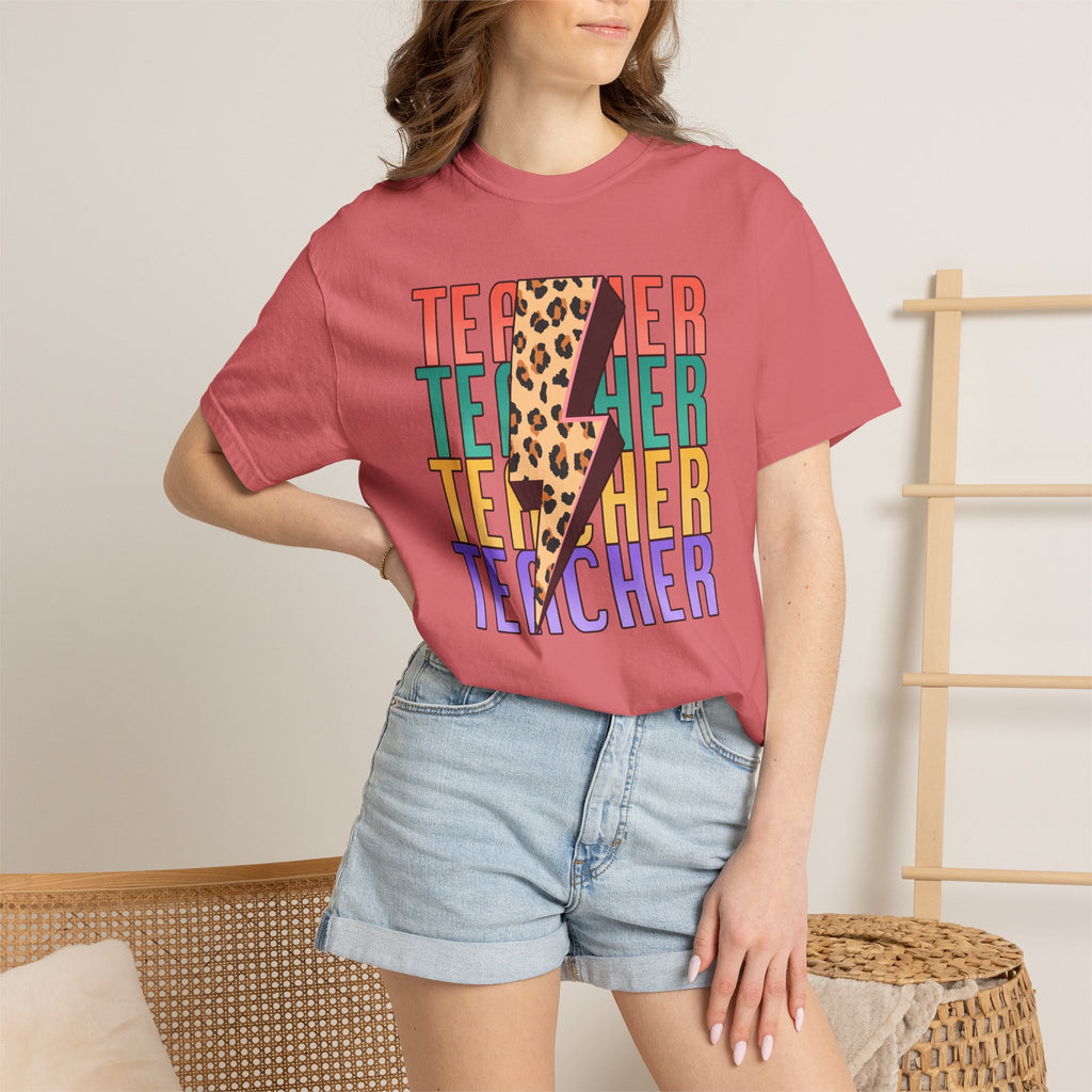Teacher Lightning Bolt Leopard Print T‑Shirt — Colorful Retro Teacher Tee