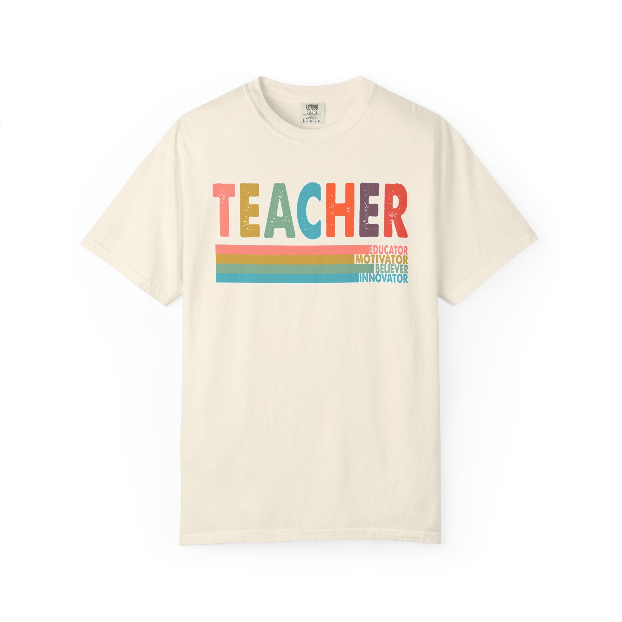 Teacher Rainbow Stripes T-Shirt — Retro Colorful Educator Tee