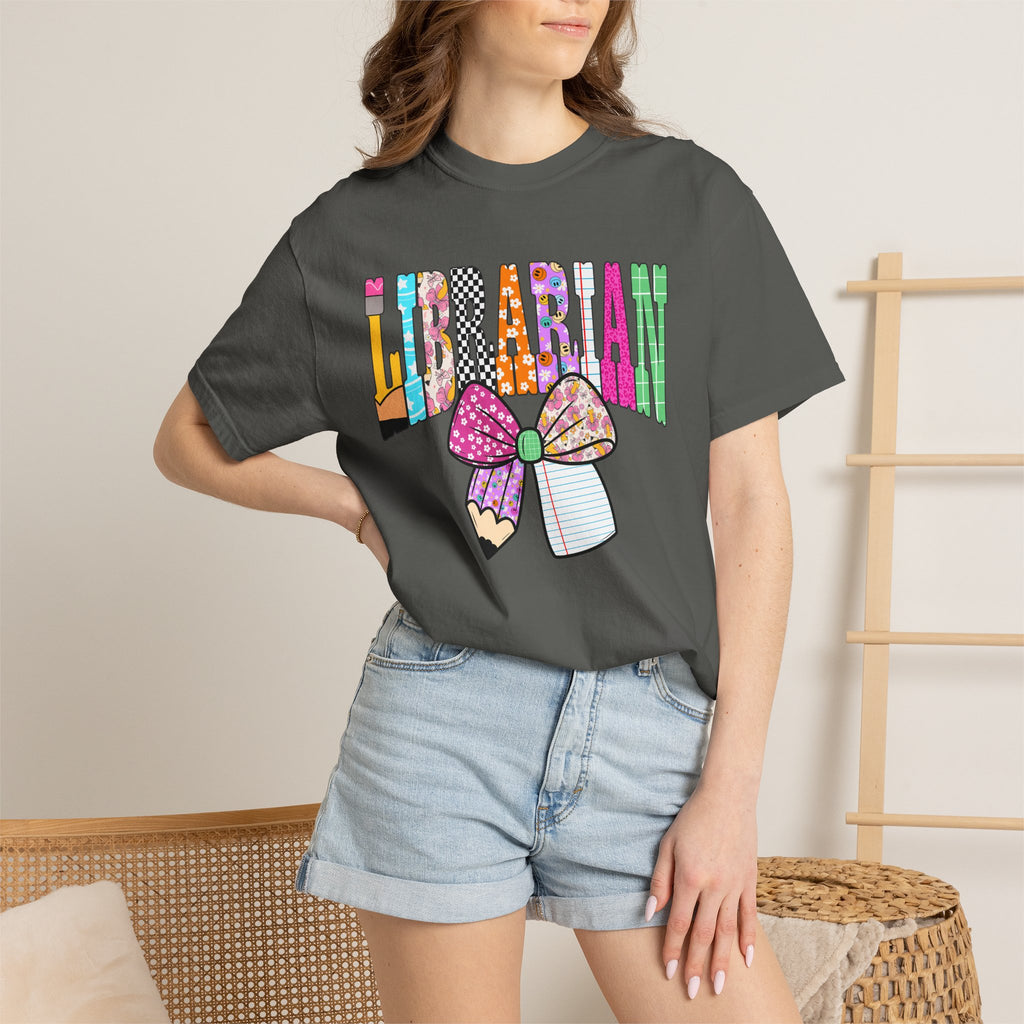 Librarian Graphic T‑Shirt — Colorful Bookish Bow Design