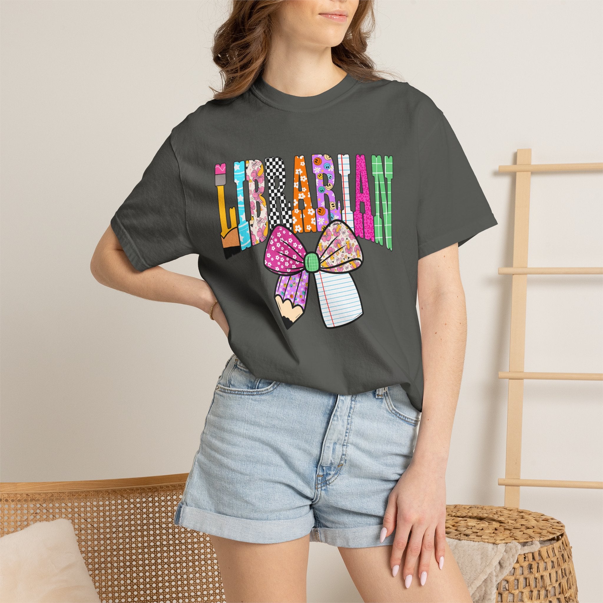 Librarian Graphic T‑Shirt — Colorful Bookish Bow Design