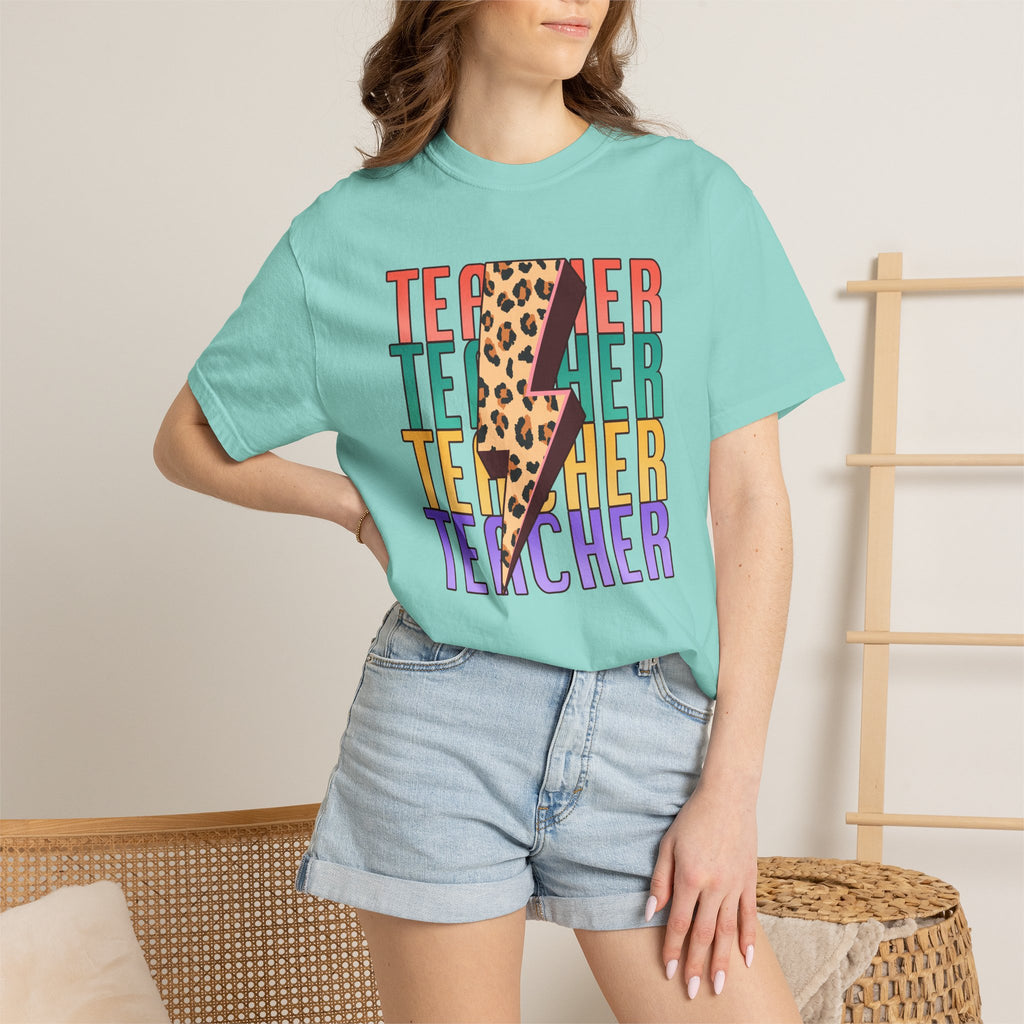 Teacher Lightning Bolt Leopard Print T‑Shirt — Colorful Retro Teacher Tee