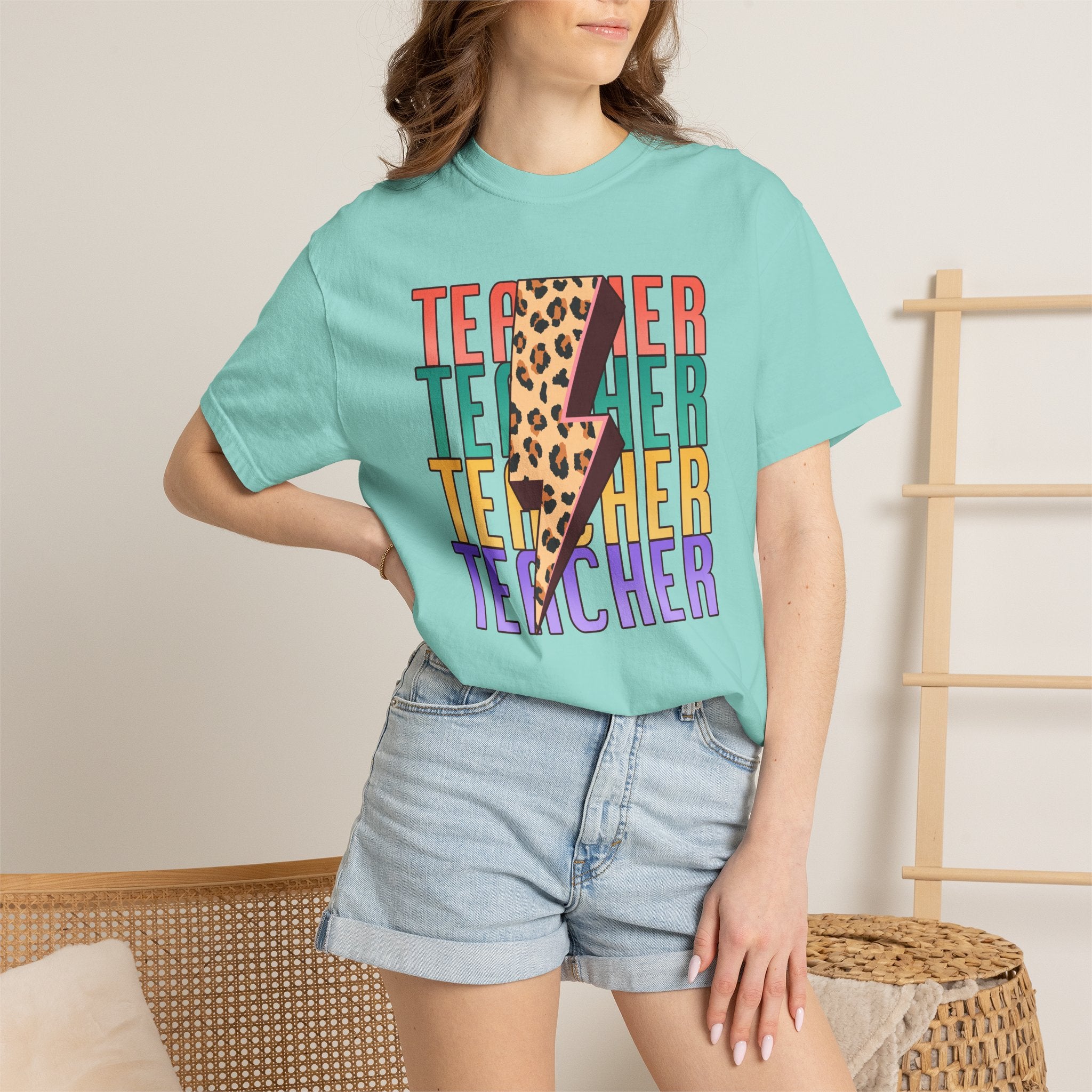 Teacher Lightning Bolt Leopard Print T‑Shirt — Colorful Retro Teacher Tee
