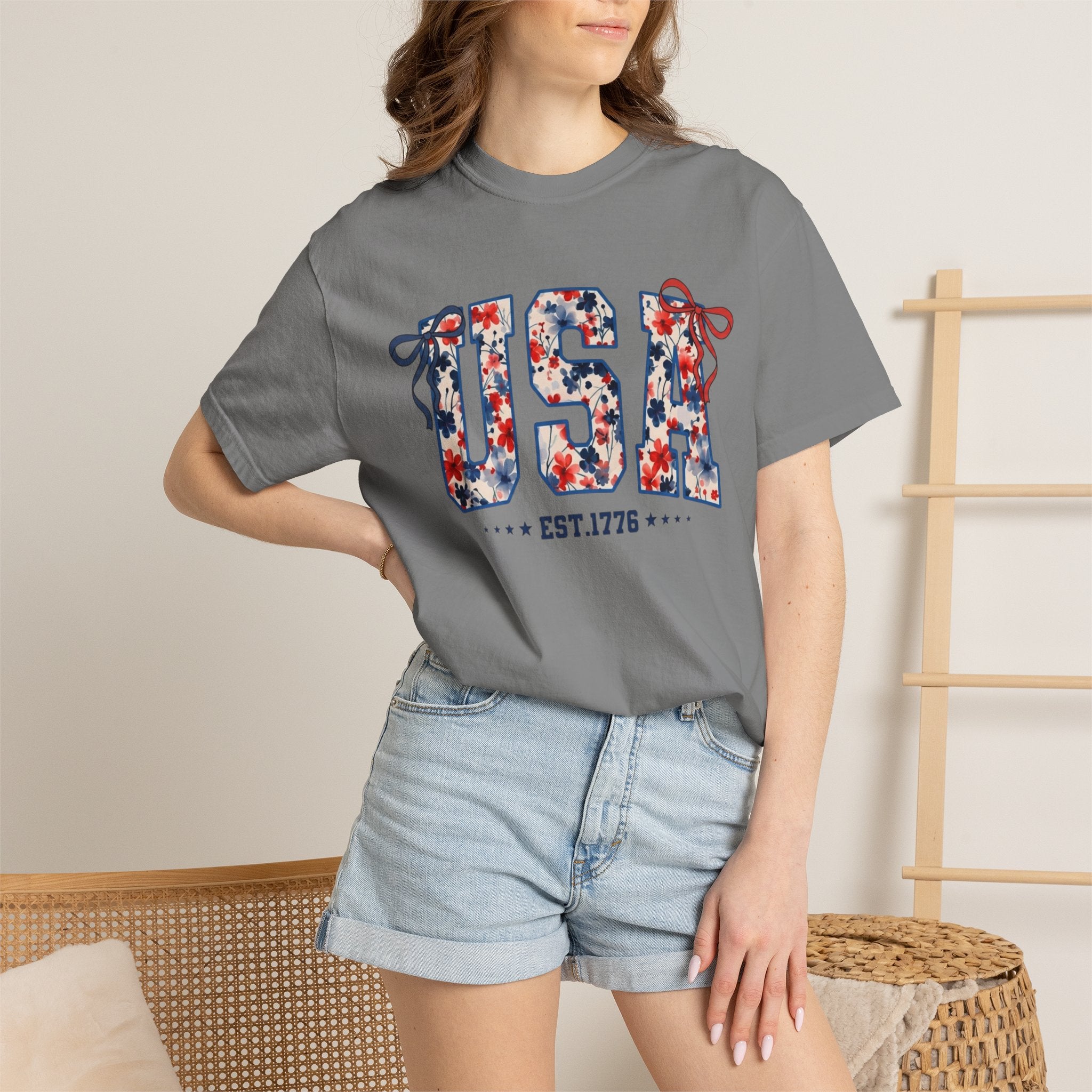 USA Floral Graphic T-Shirt — EST.1776 Patriotic Fourth of July Tee