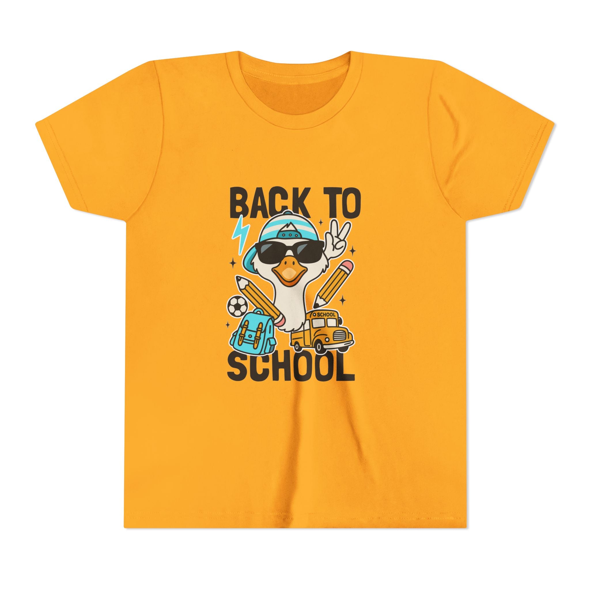 Back to School Duck Youth Tee — Cute Kids School Shirt with Backpack, Bus & Pencil Design
