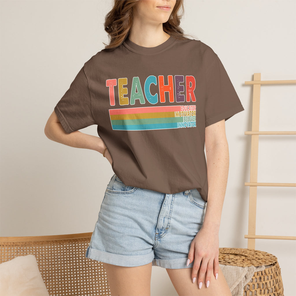 Teacher Rainbow Stripes T-Shirt — Retro Colorful Educator Tee