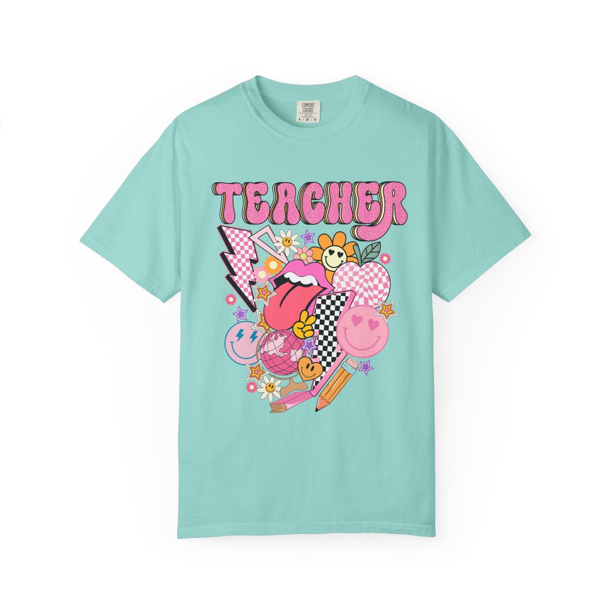 Teacher Retro Pop Graphic T‑Shirt — Cute Pink School Staff Shirt