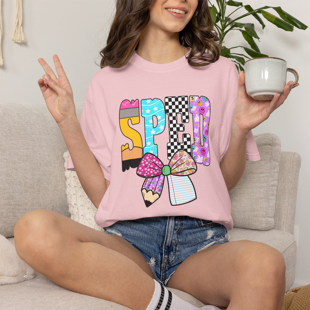 Spring Pencil Bow T-Shirt — Cute Colorful 'SPRING' Graphic Tee