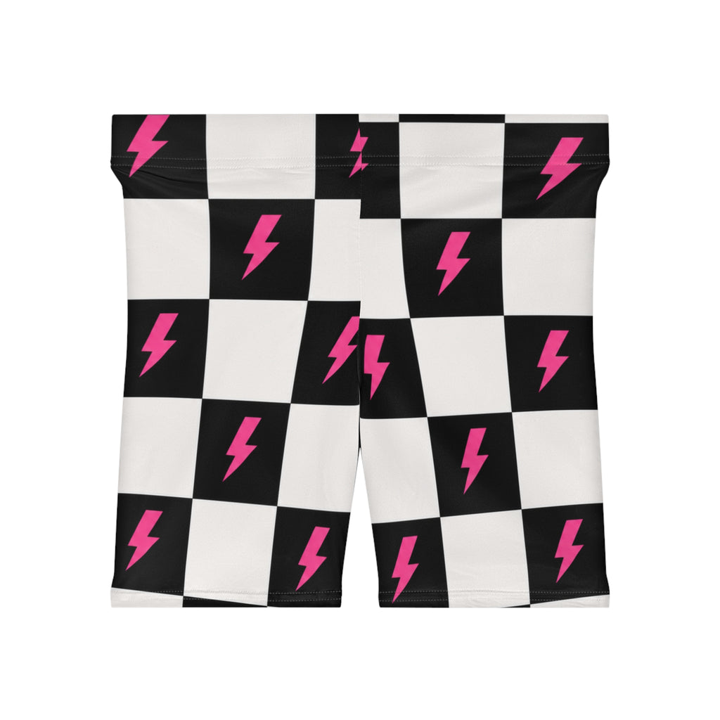 Checkerboard Lightning Biker Shorts — Pink Bolt Pattern