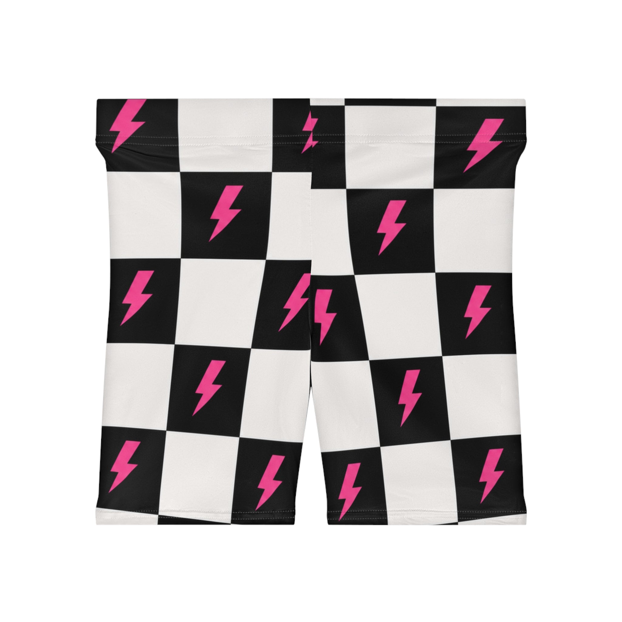 Checkerboard Lightning Biker Shorts — Pink Bolt Pattern