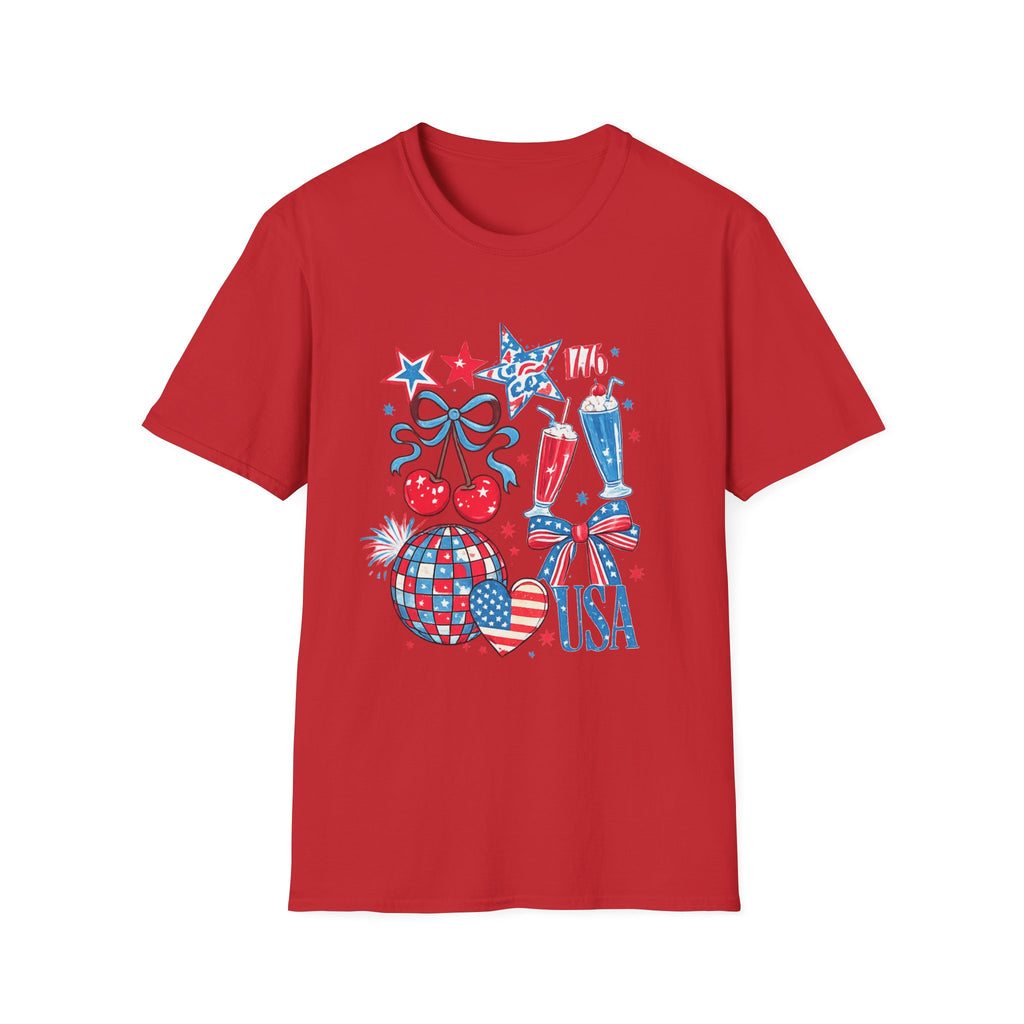 Patriotic 4th of July T-Shirt — USA 1776 Red White Blue Cherry & Soda Design