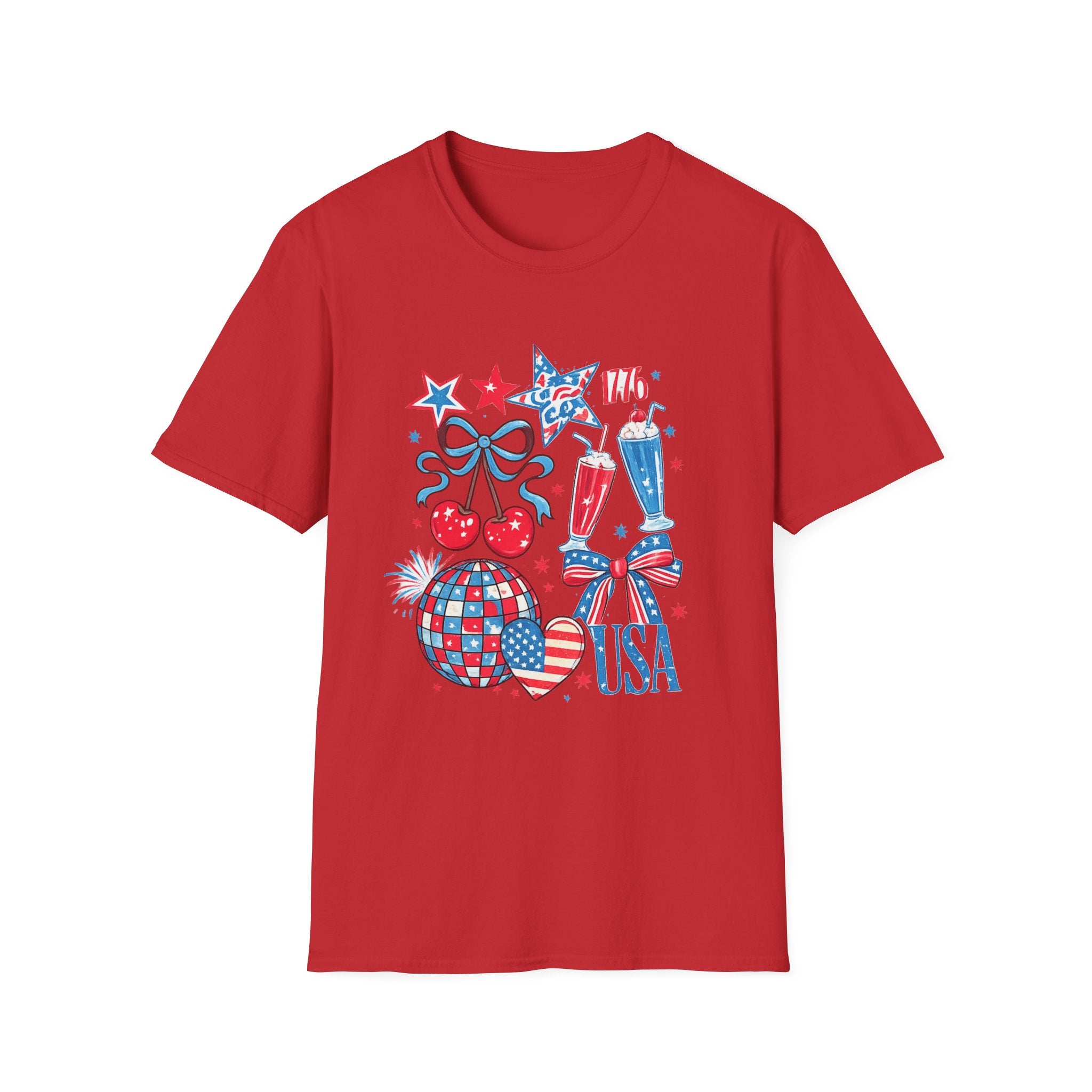 Patriotic 4th of July T-Shirt — USA 1776 Red White Blue Cherry & Soda Design