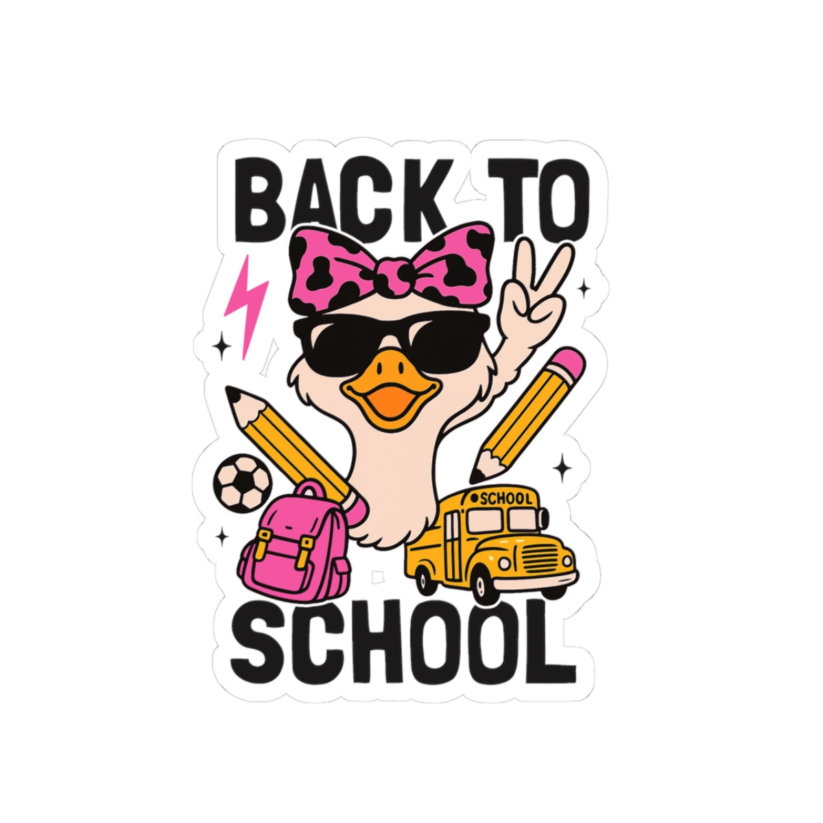 Back to School Duck Kiss-Cut Sticker — Cute Pink Backpack, Bus & Pencil Laptop Decal