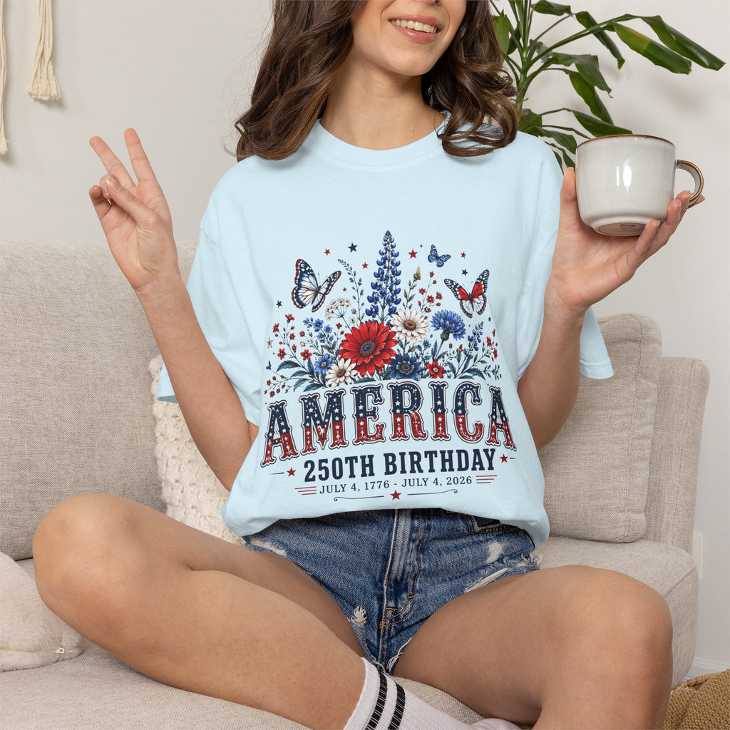 America 250th Birthday T-Shirt — Patriotic Floral July 4th Tee