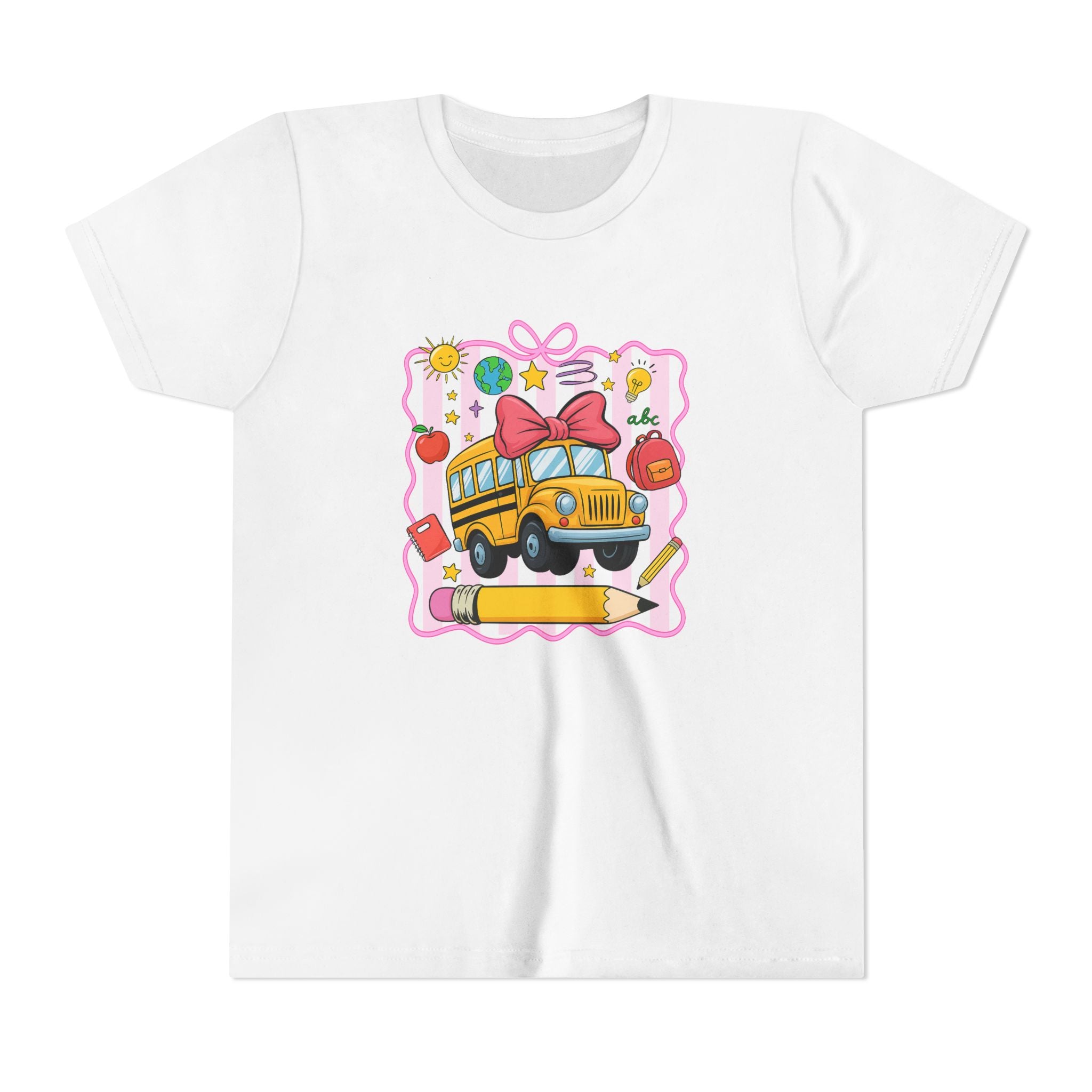 Youth Tee — Cute School Bus Back to School Kids Shirt (Pencil, Apple, Sun)