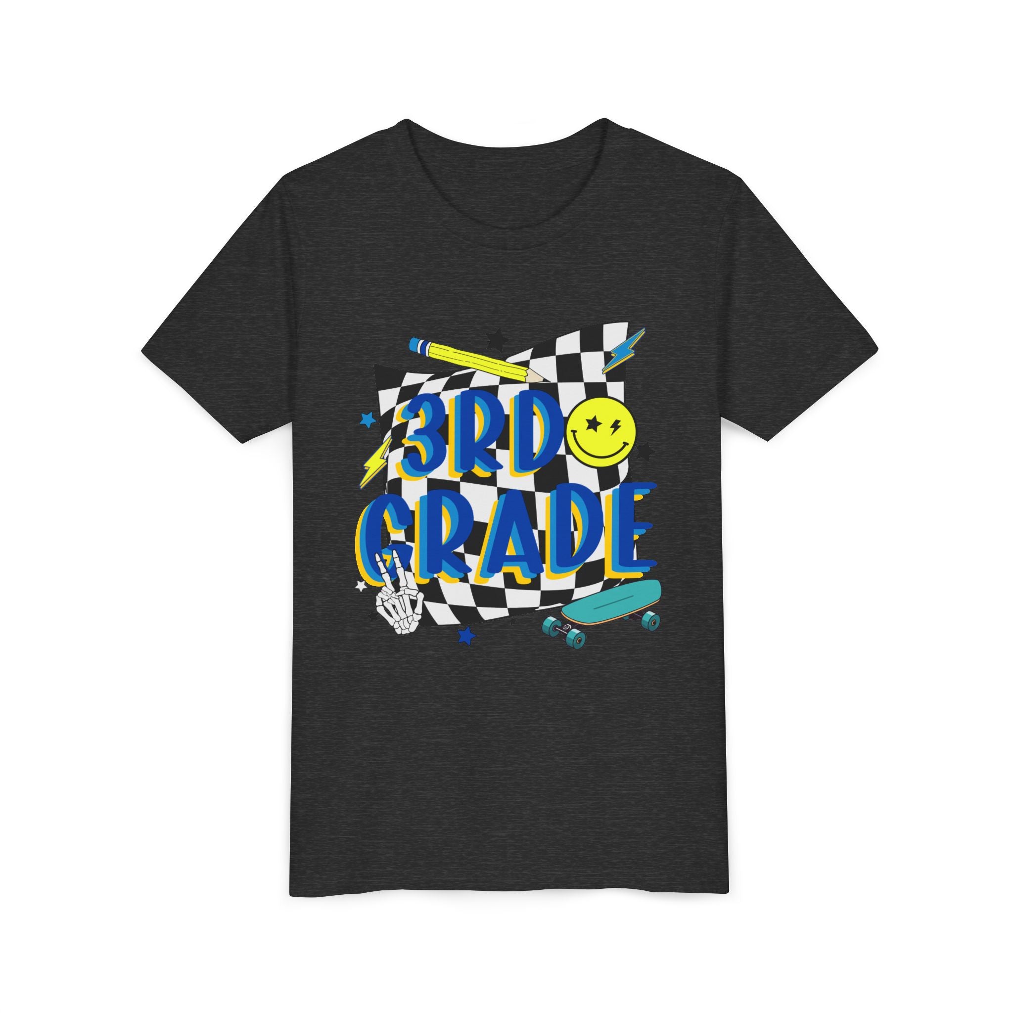 3rd Grade Youth Tee - Back-to-School Smiley Skateboard Design