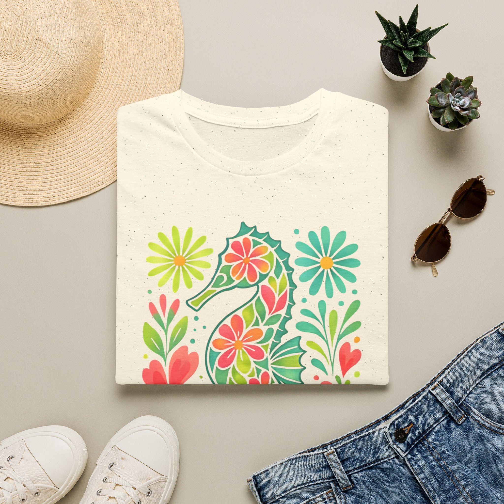 Floral Seahorse T-Shirt — Colorful Tropical Sea Life Tee