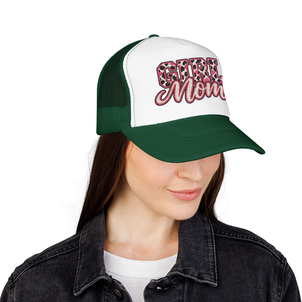 Girl Mom Leopard Foam Trucker Hat — Pink Glitter Script Mesh Cap