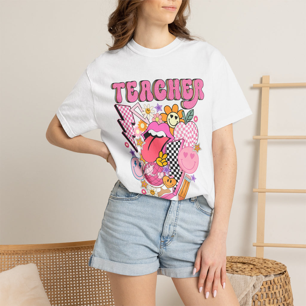 Teacher Retro Pop Graphic T‑Shirt — Cute Pink School Staff Shirt
